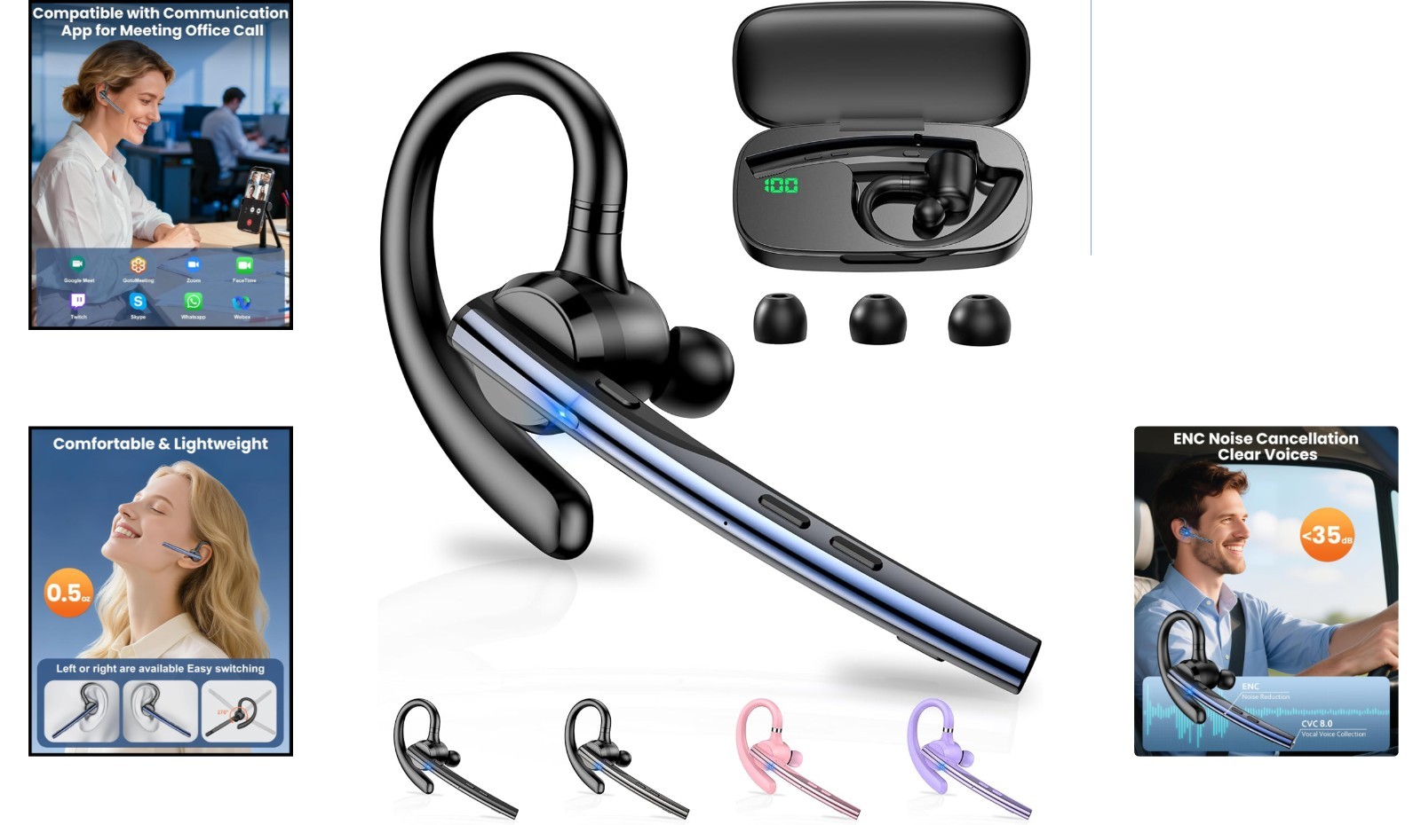 Ergonomic Bluetooth Headset V5.1 with Quick Charge & Noise Cancellation Features