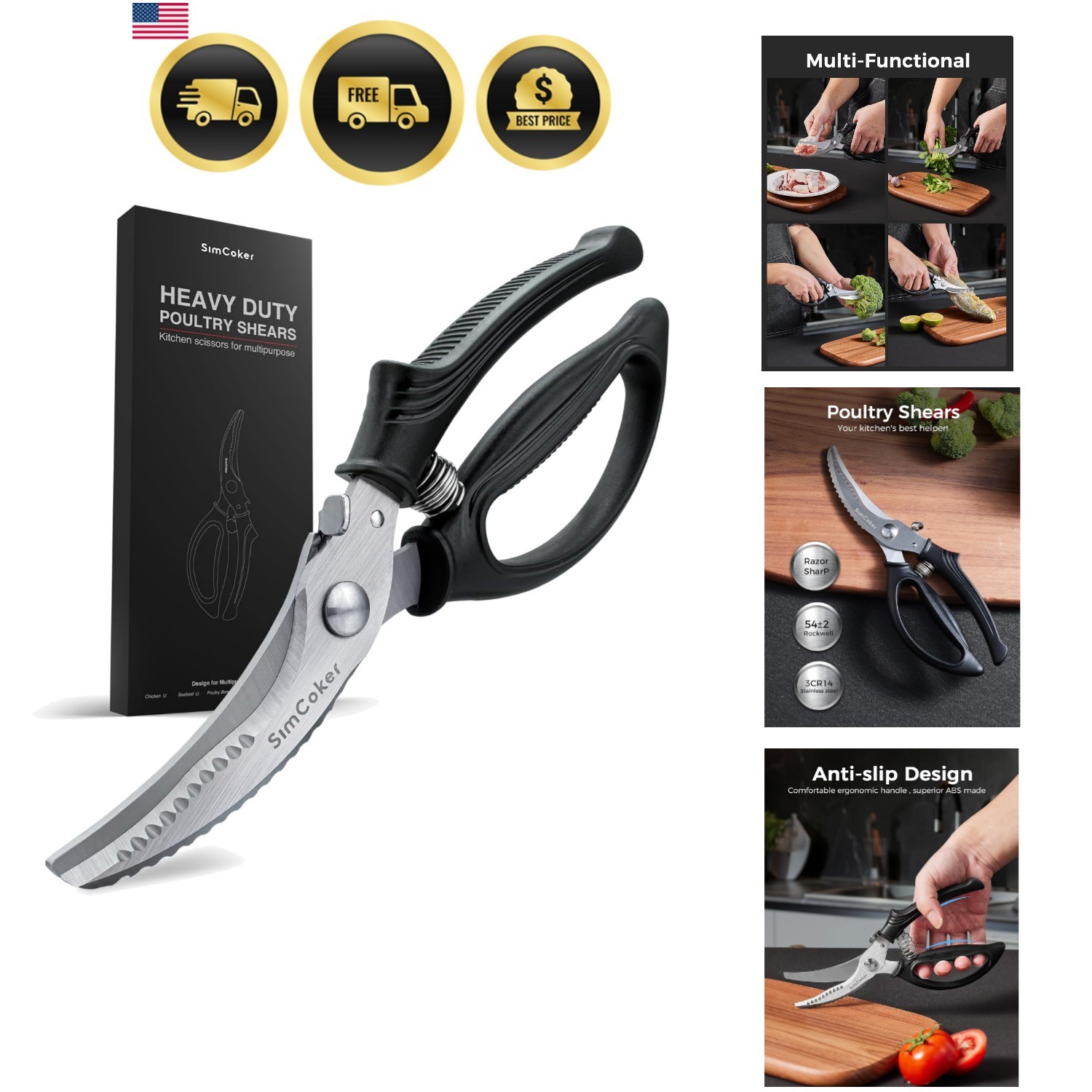 Poultry Shears, Heavy Duty Kitchen Shears With Anti-Slip Handle & Safety Lock...