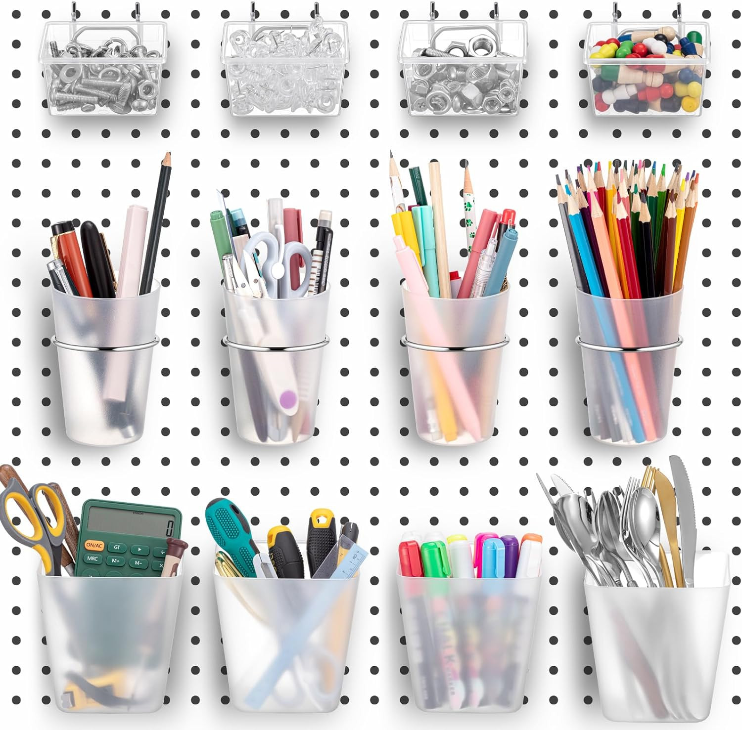 12 Pcs Pegboard Bins Pegboard Cups with Hooks and Loops Peg Assortment Organizer