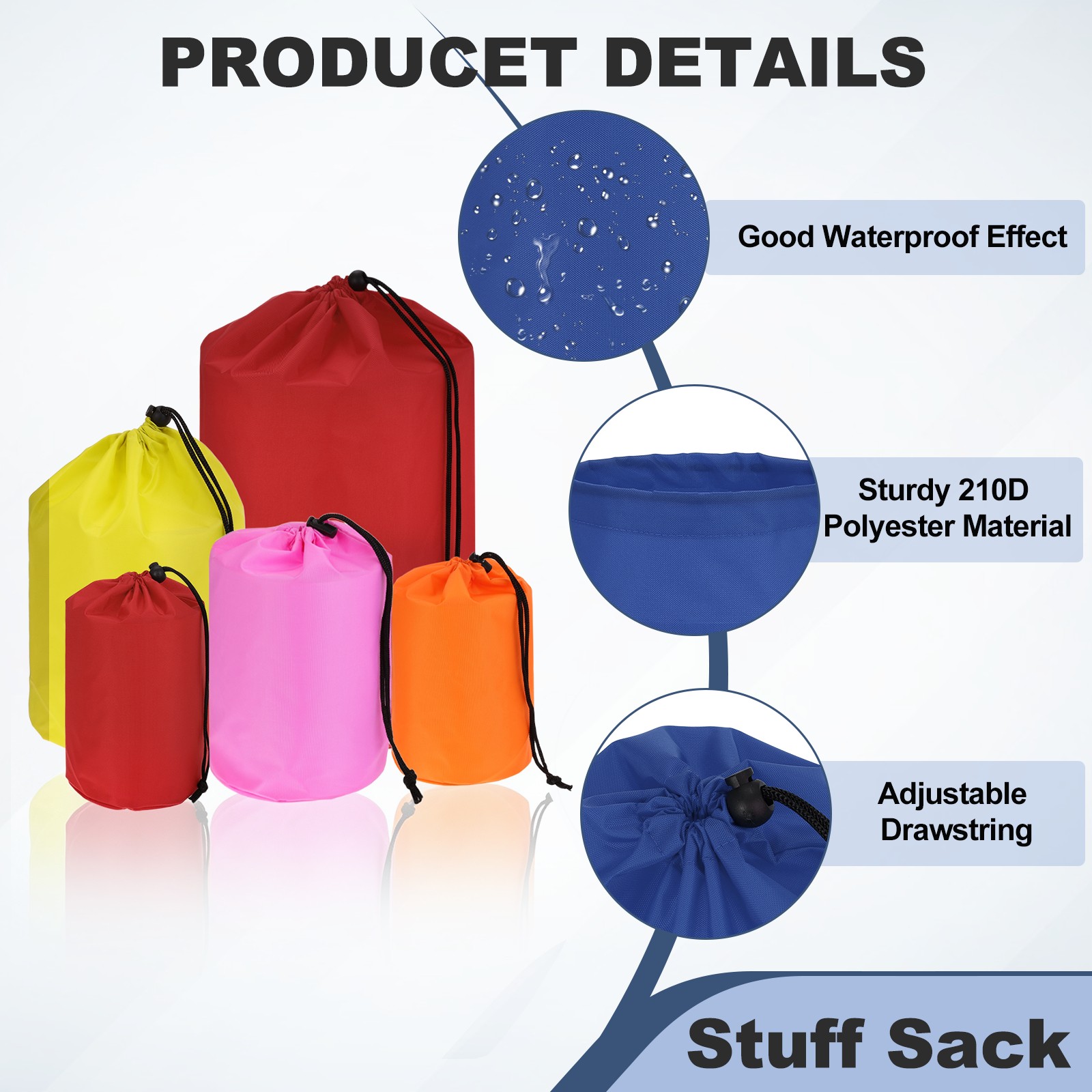 3Pack Drawstring Bag Storage Bags for Backpacking 5x10 Inch Sapphire