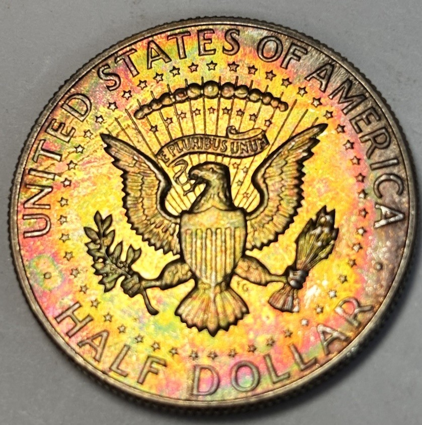 1967 50C Kennedy Silver Half Dollar Coin Monster Rev. Rainbow Toned !!!