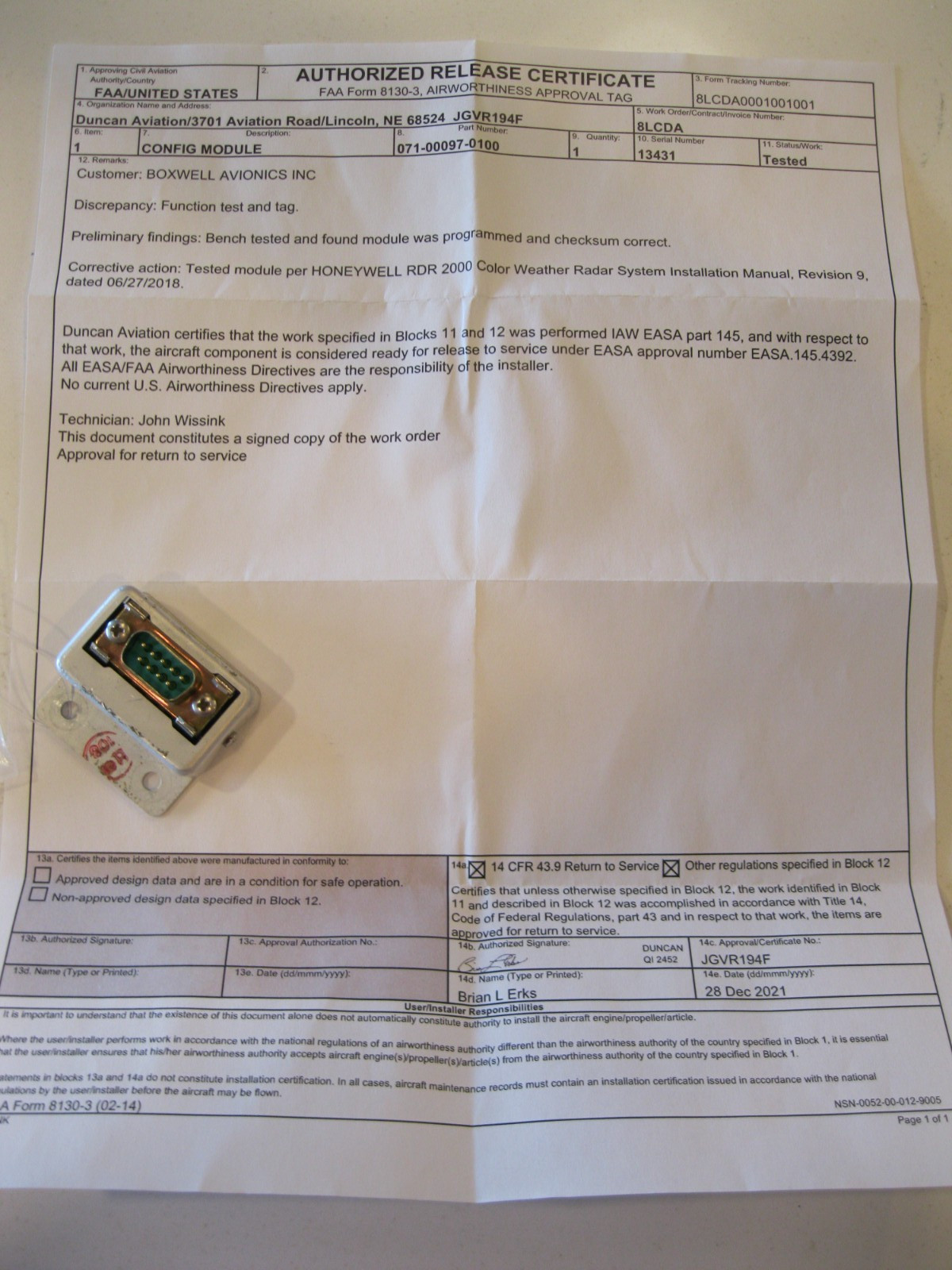 Bendix King CM2000 Config Module 8130 PN: 071-00097-0100 *FREE PROGRAMMING*