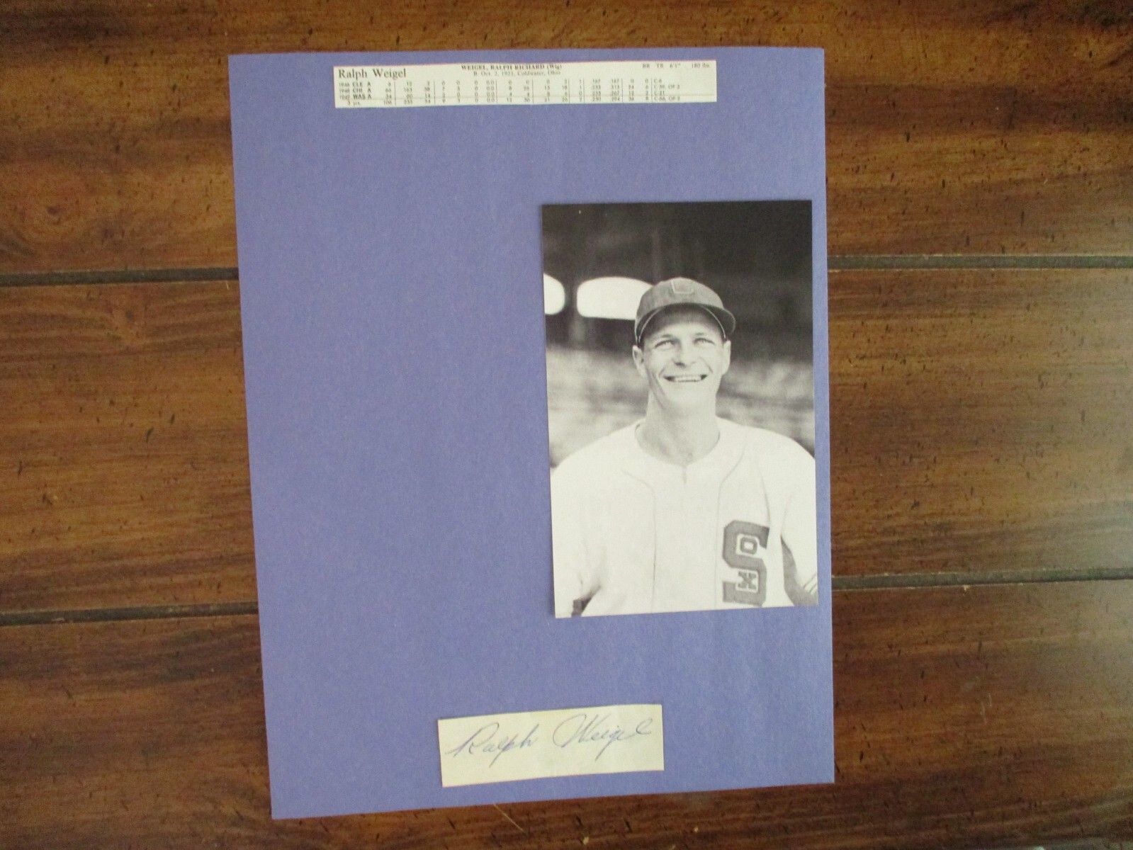 RALPH  WEIGEL(Died-1992)Signed  Cut Signature w/8 1/2 x 11 Display w/Stats/Photo