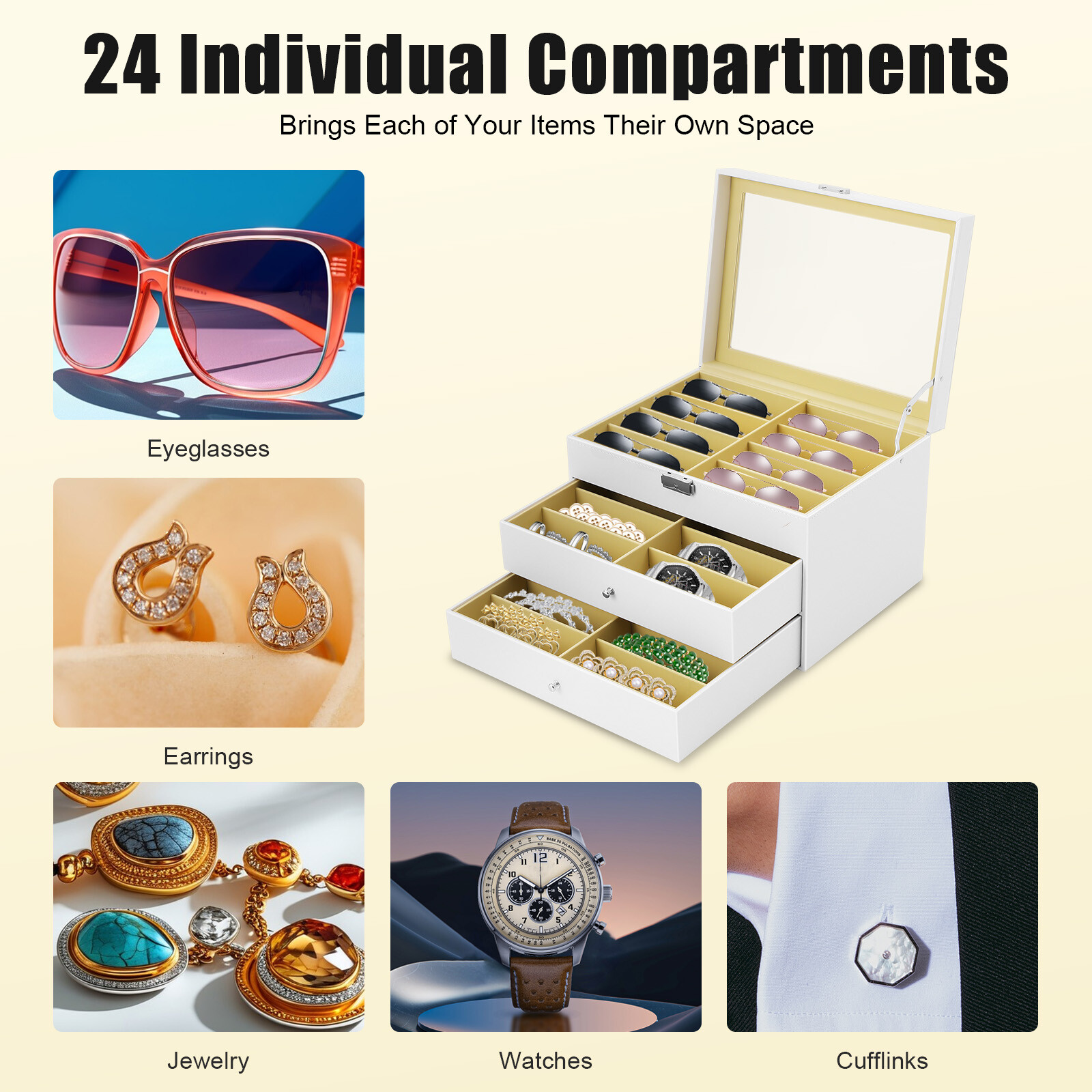 24 Slots Glasses Box Display Storage Case Organizer PU For Sunglasses White