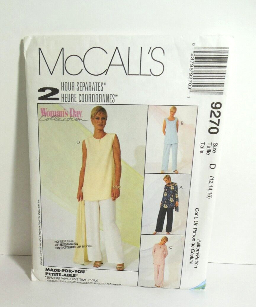 McCall's 2 HOUR Sewing Pattern 9270 Pull On Pants Tunic Top Scarf Size 12 14 16