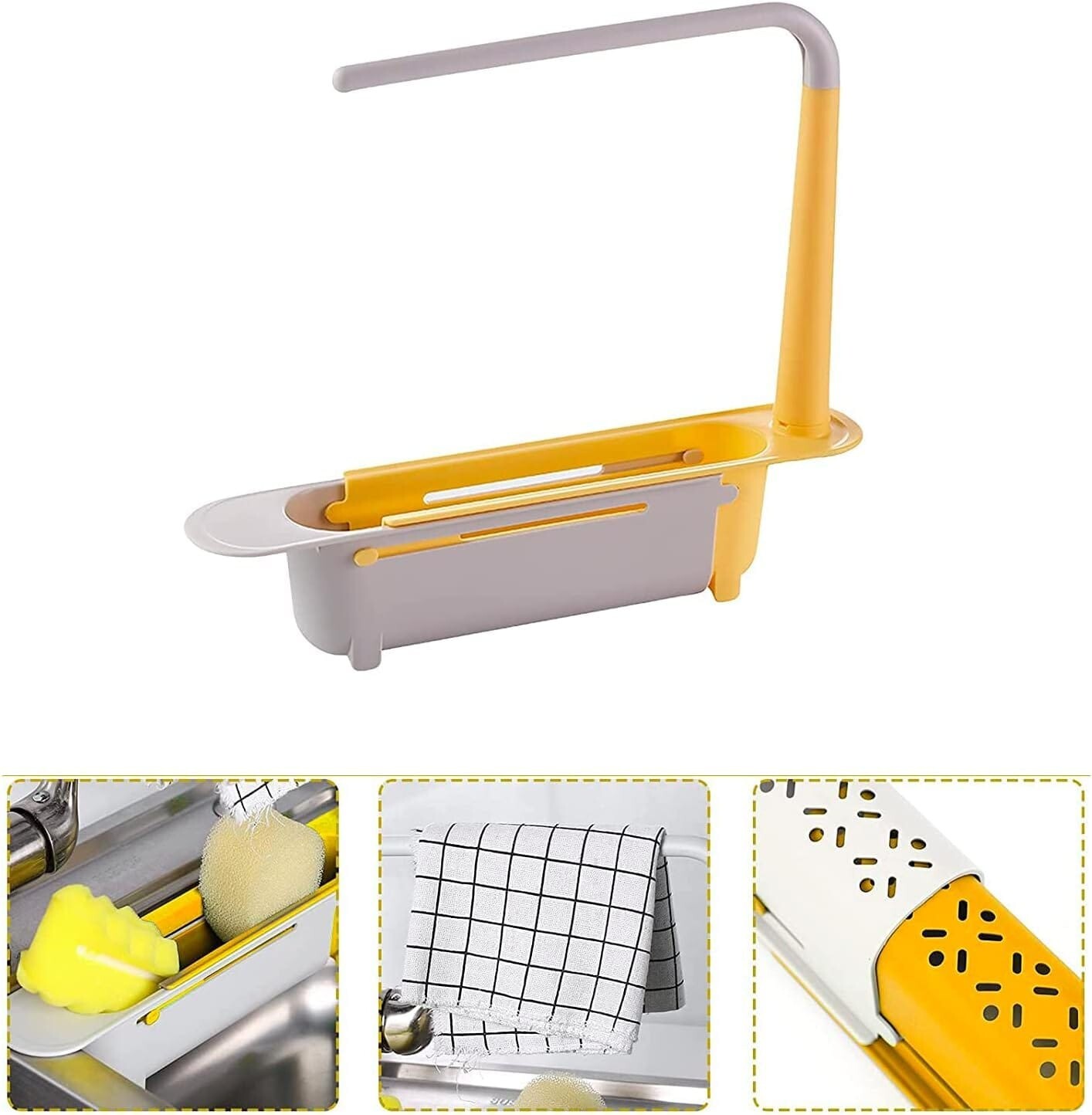 Telescopic Sink Storage Rack,Adjustable Length, Drain Basket Plastic and Sponge
