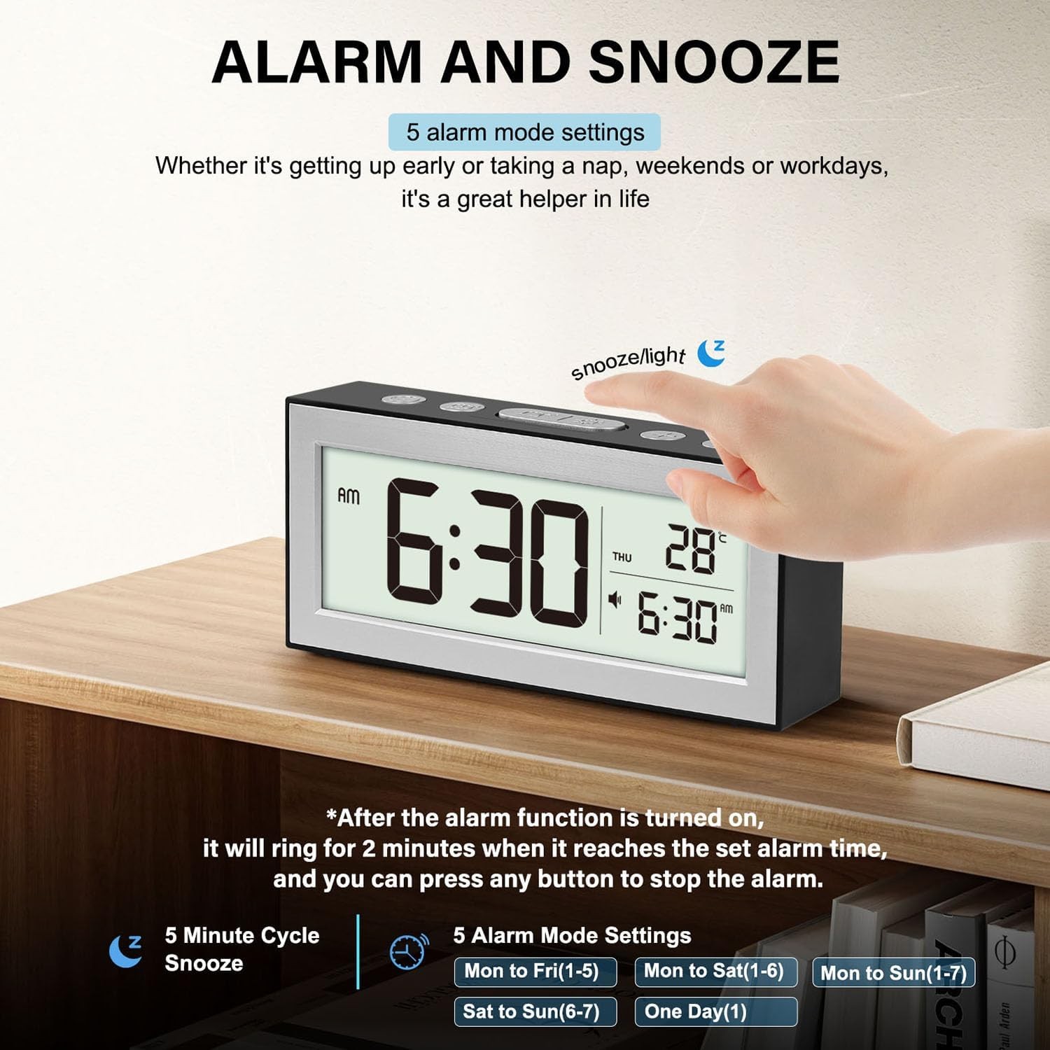 Digital Alarm Clock with LED Display, Bedside Battery Black