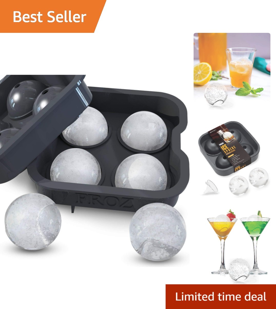 Froz Silicone Ice Ball Maker - BPA Free Mold With 4 x 4.5cm Capacity