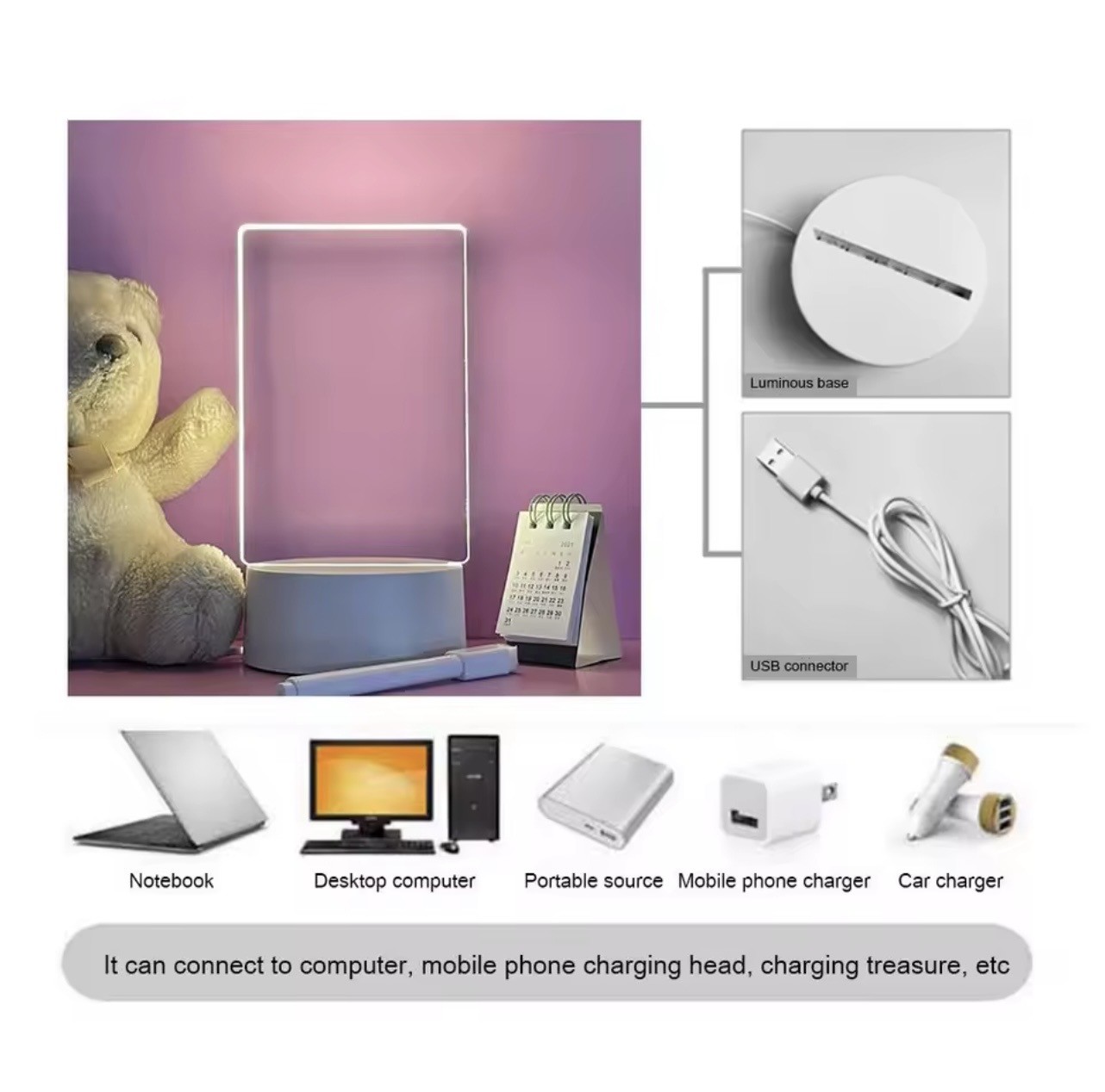 شفافة مضيئة LED أضواء ليلية USB مضيئة الاكريليك ضوء الليل قابل للمسح كتابة رسال