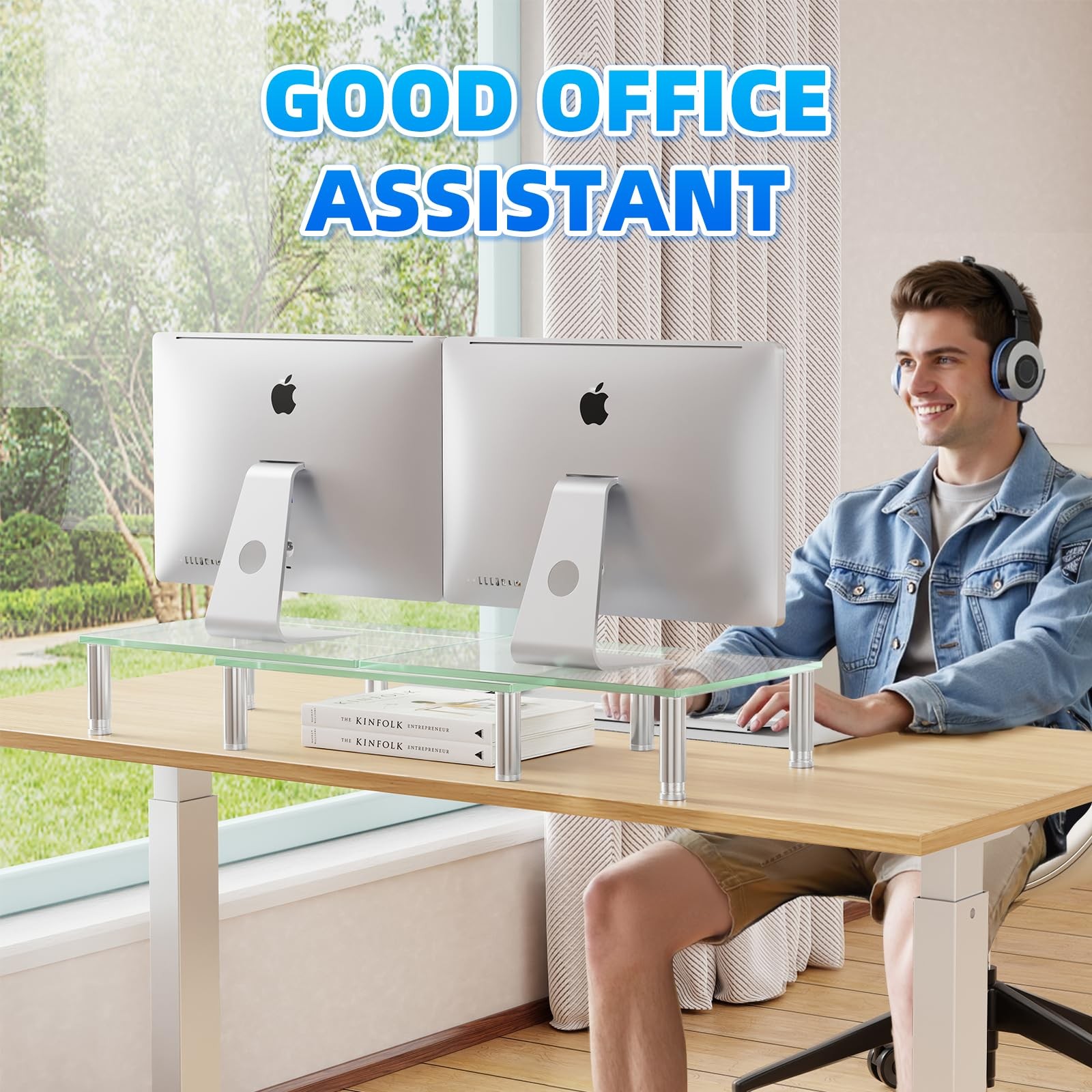 Dual Monitor Stand Riser Computer Office Desktop Organizer for 2 Monitors