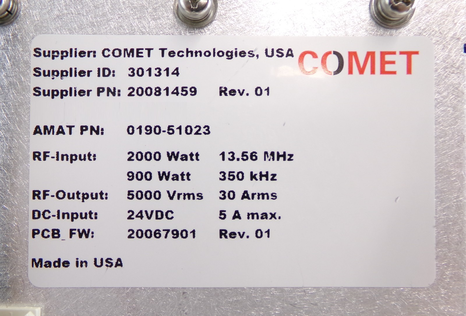 Comet Technologies 20081459 RF Match AMAT Applied Materials 0190-51023 Working