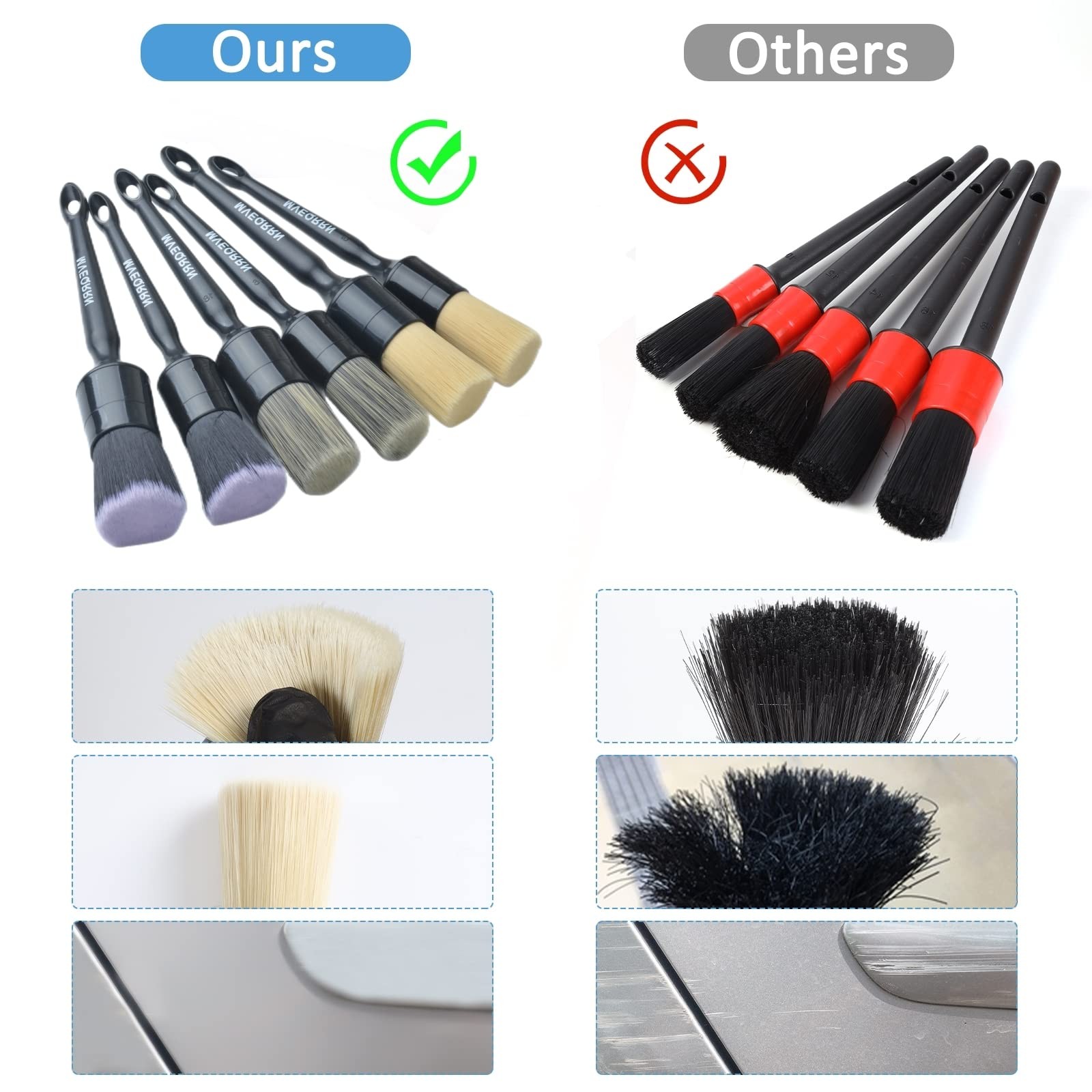 6pcs Car Detailing Brush Set - Boars Hair Soft Brushes for Interior/Exterior
