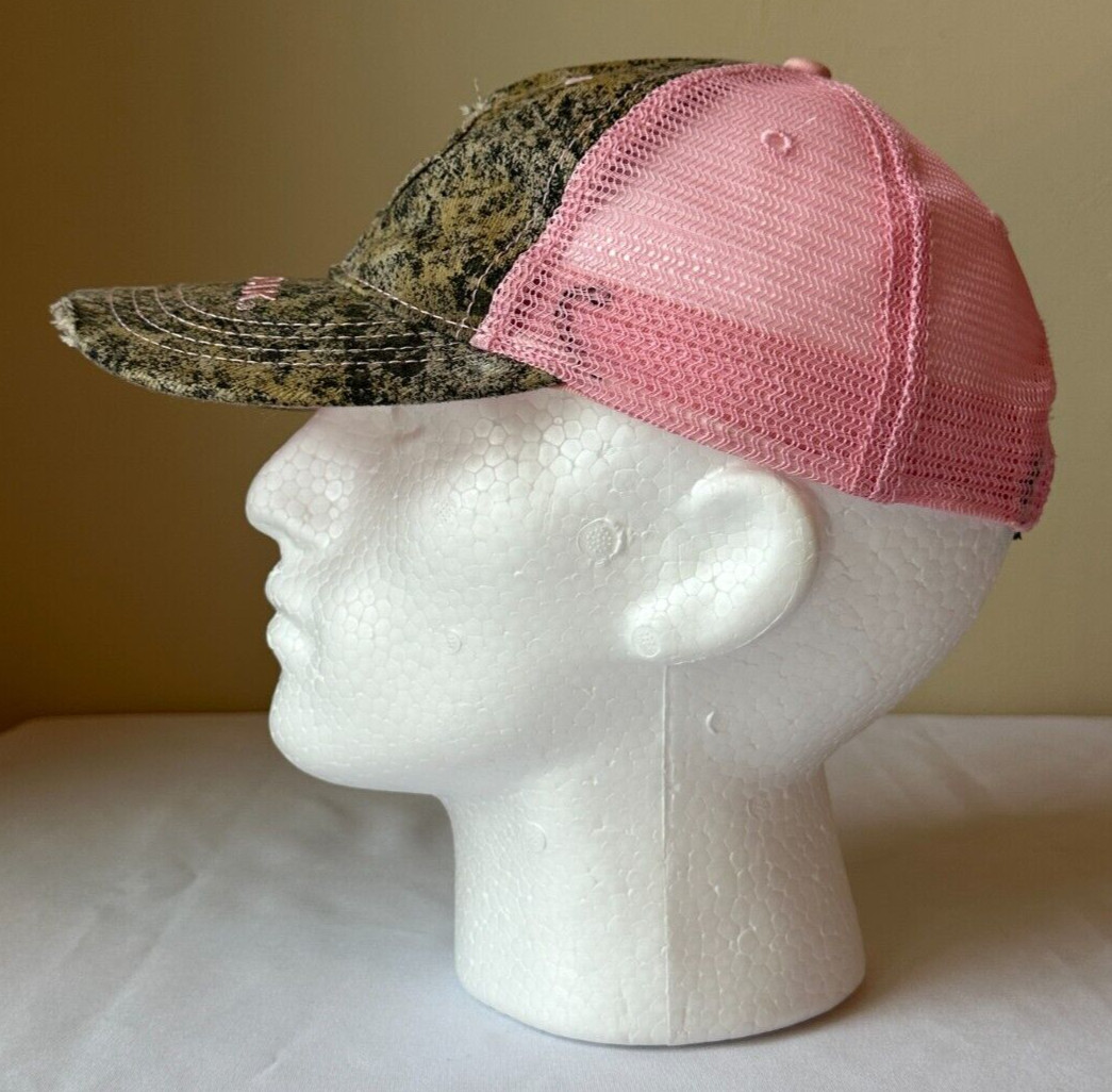 Mossy Oak Women's Adjustable distressed Camo Pink embroidered Logo Hat One Size