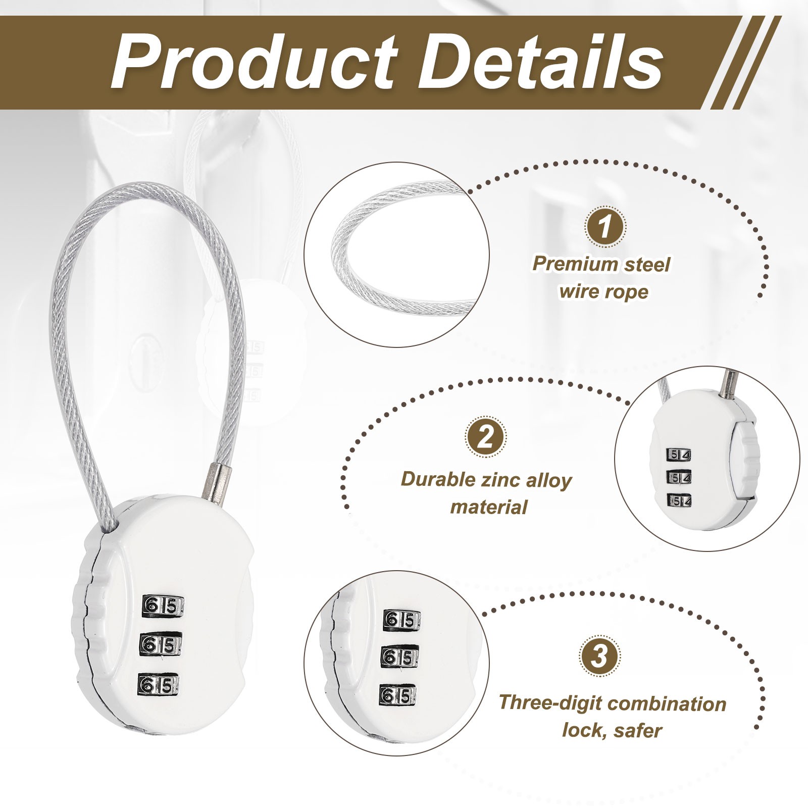 1-Pack Combination Padlock, 3 Digit Round Shaped Cable Luggage Lock [White]