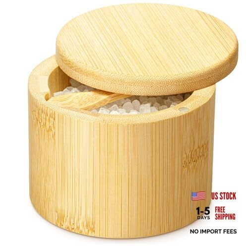 Salt Jar with Lid and Spoon - Sea Salt Flake Holder - Bamboo Cellar with