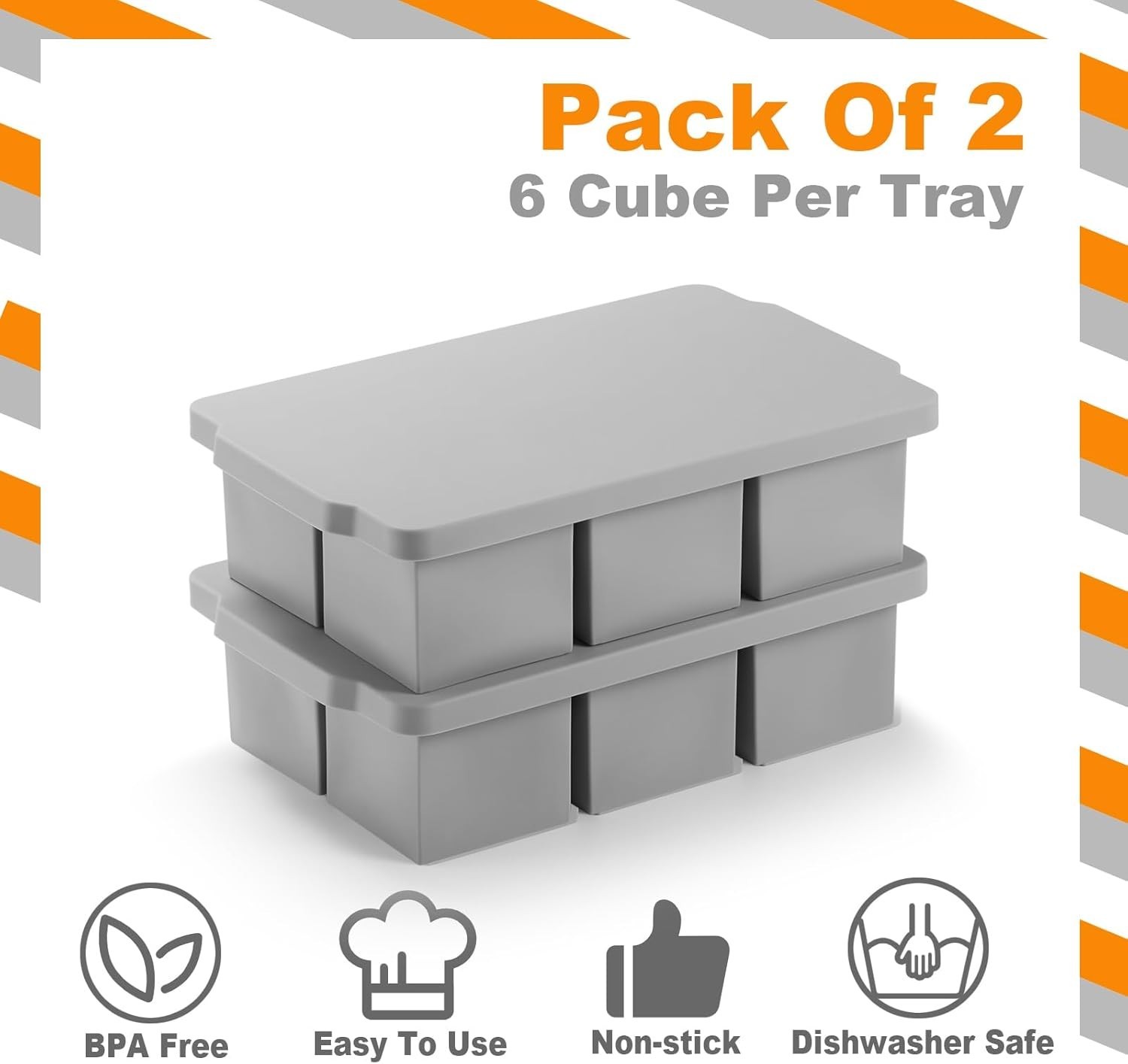 Large Ice Cube Tray with Lid Pack of 2, Stackable Big Silicone Square Ice Cub...