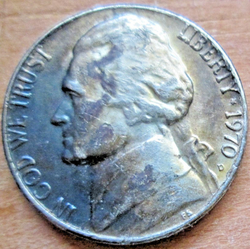 1970-D JEFFERSON, FOLDOVER RIM BURR ERROR, VF, CIRCULATED
