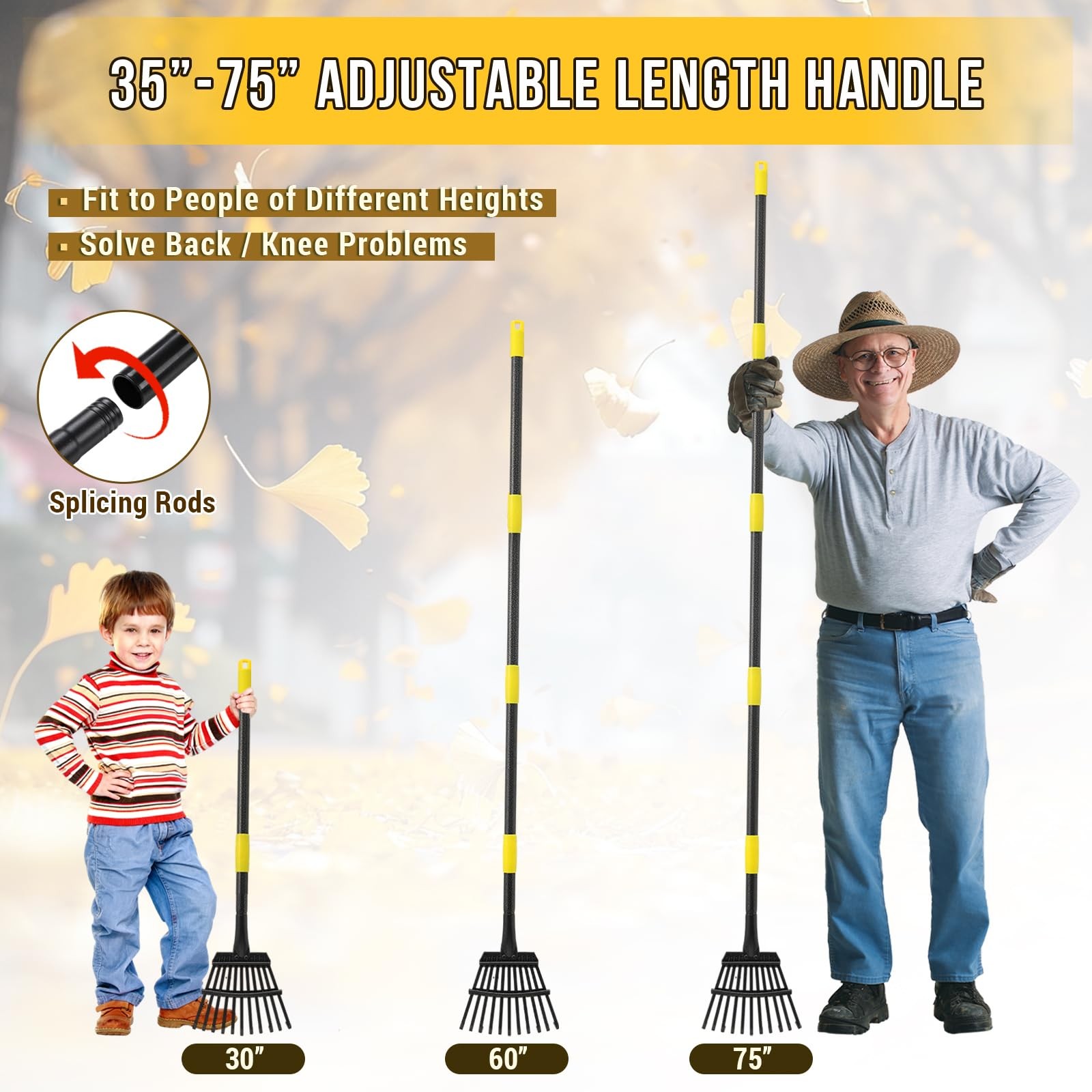 Leaf Rake, Small Rake for Leaves with 30-75 Adjustable Long Handle, 11 Tines ...