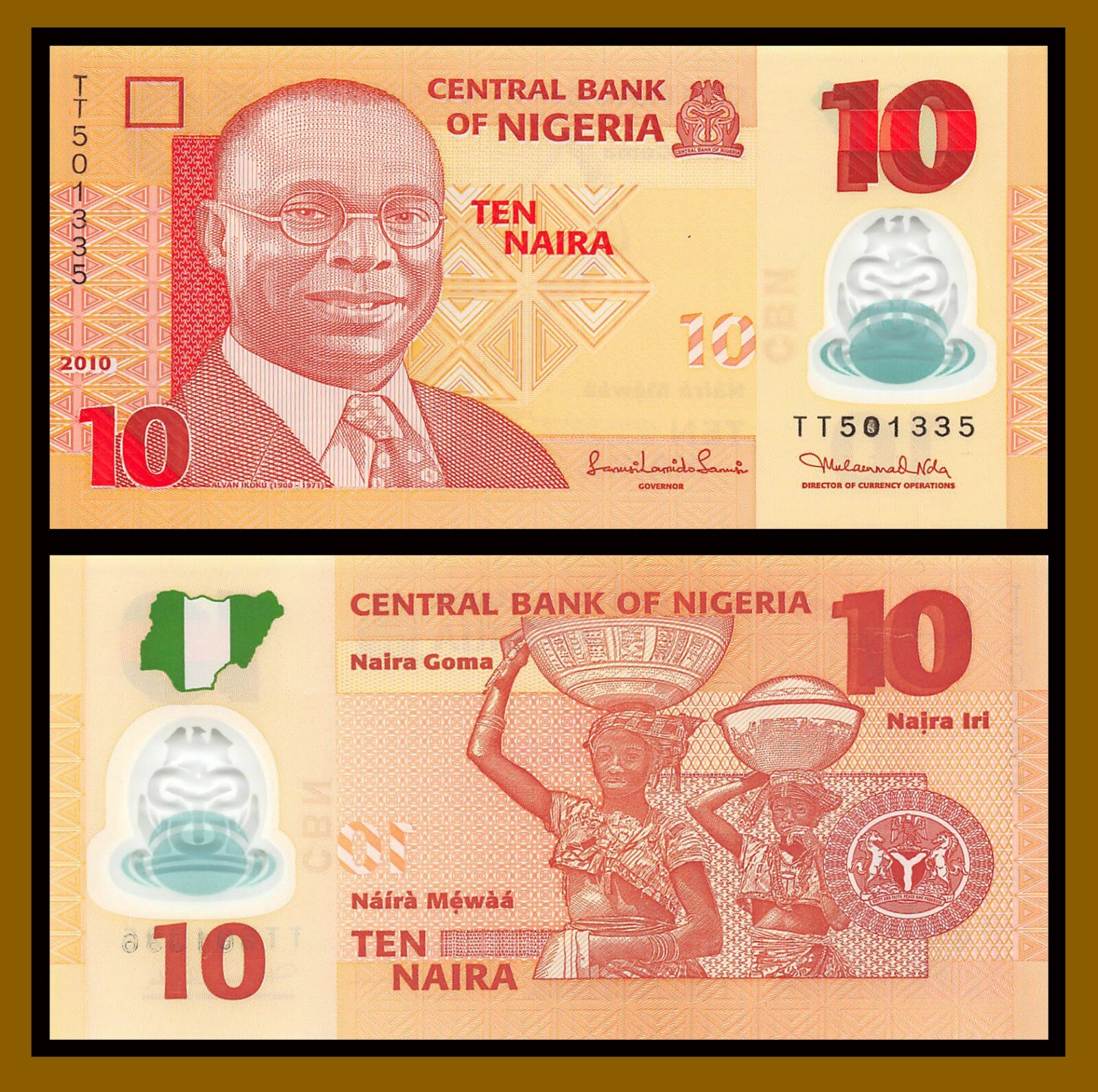 Nigeria 10 Naira, 2010 P-39b Polymer (6 digit serial) Unc