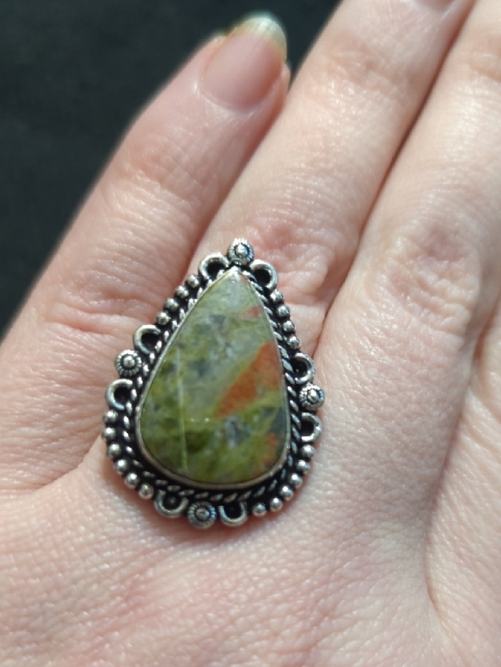 Silver Plated Green Jasper Gemstone Teardrop Statement Ring - Size 8