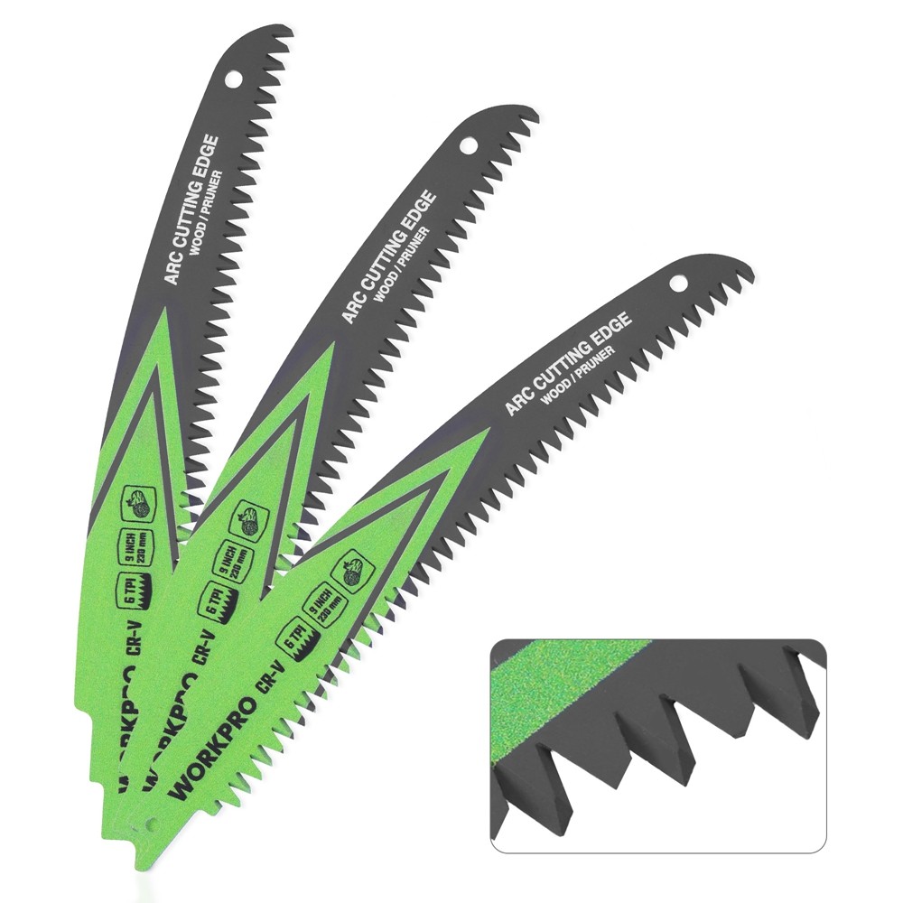 WORKPRO 3x 9" Arc Wood Pruning Reciprocating Saw Blades Set 6TPI Japanese Teeth