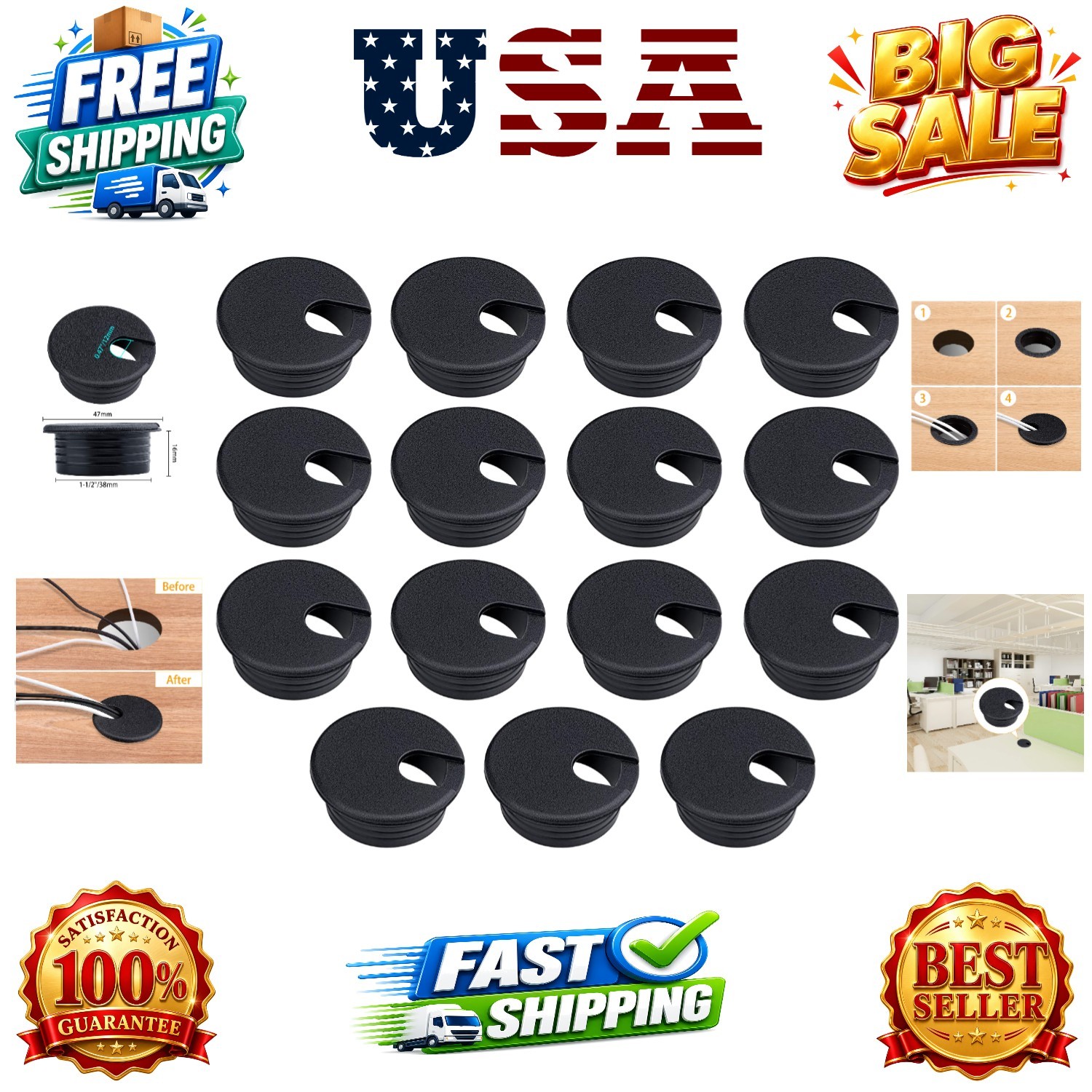 15 Pack 1.5 Inch Desk Cable Hole Cover Grommet - Plastic Wire Cord, Black