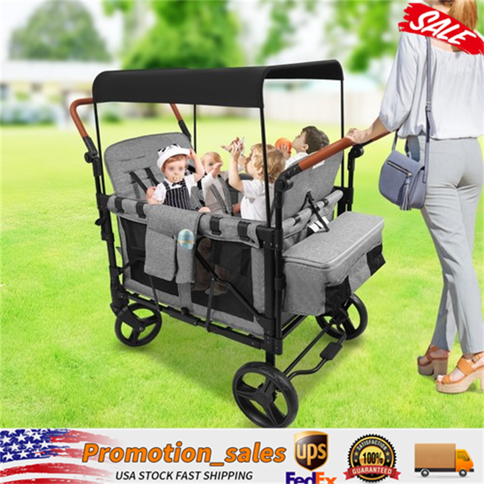 Folding Baby Stroller Wagon Cart For 4 Kids, Face To Face High Seat With Canopy