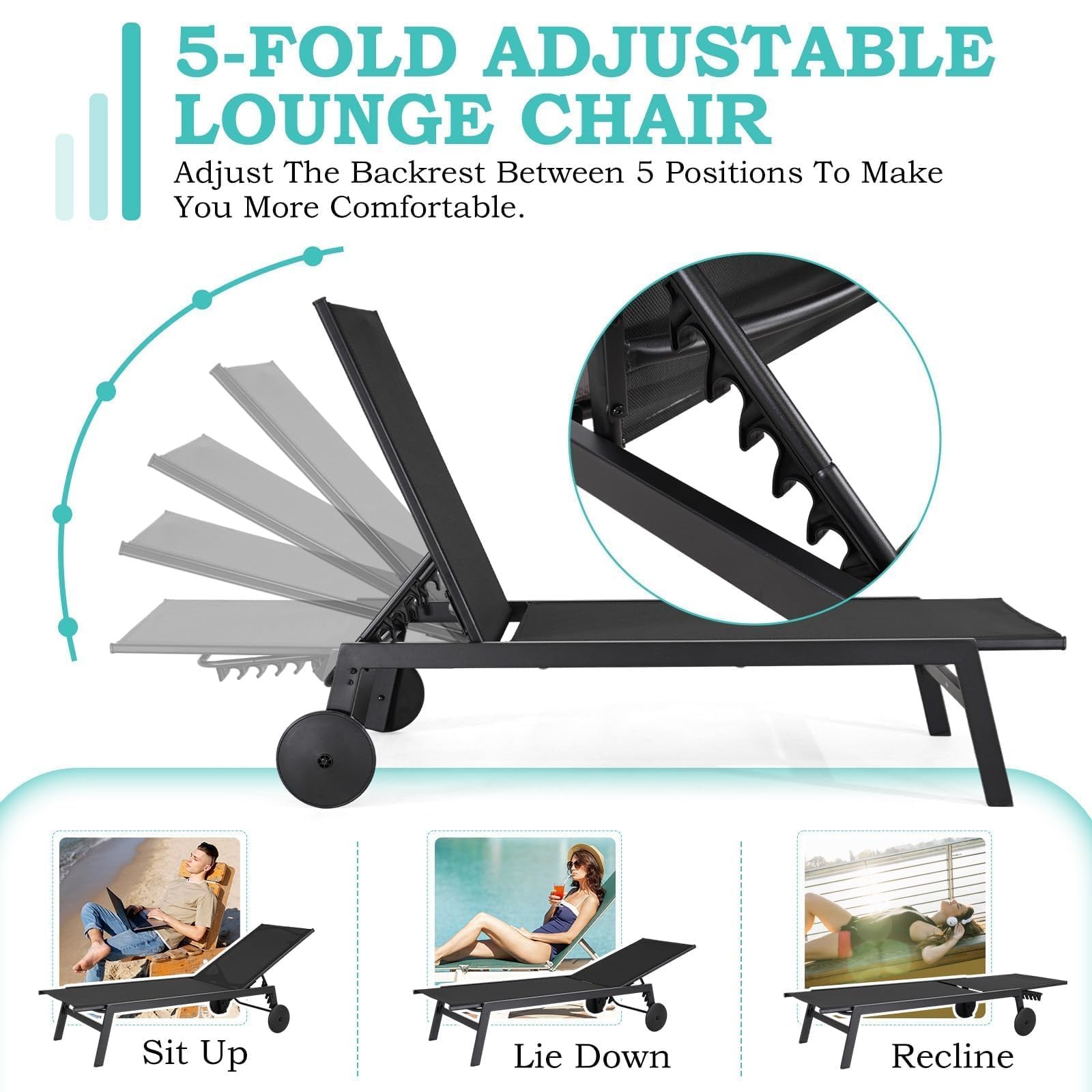Outdoor Lounge Chairs Set of 2 with Wheels Adjustable Backrest Waterproof
