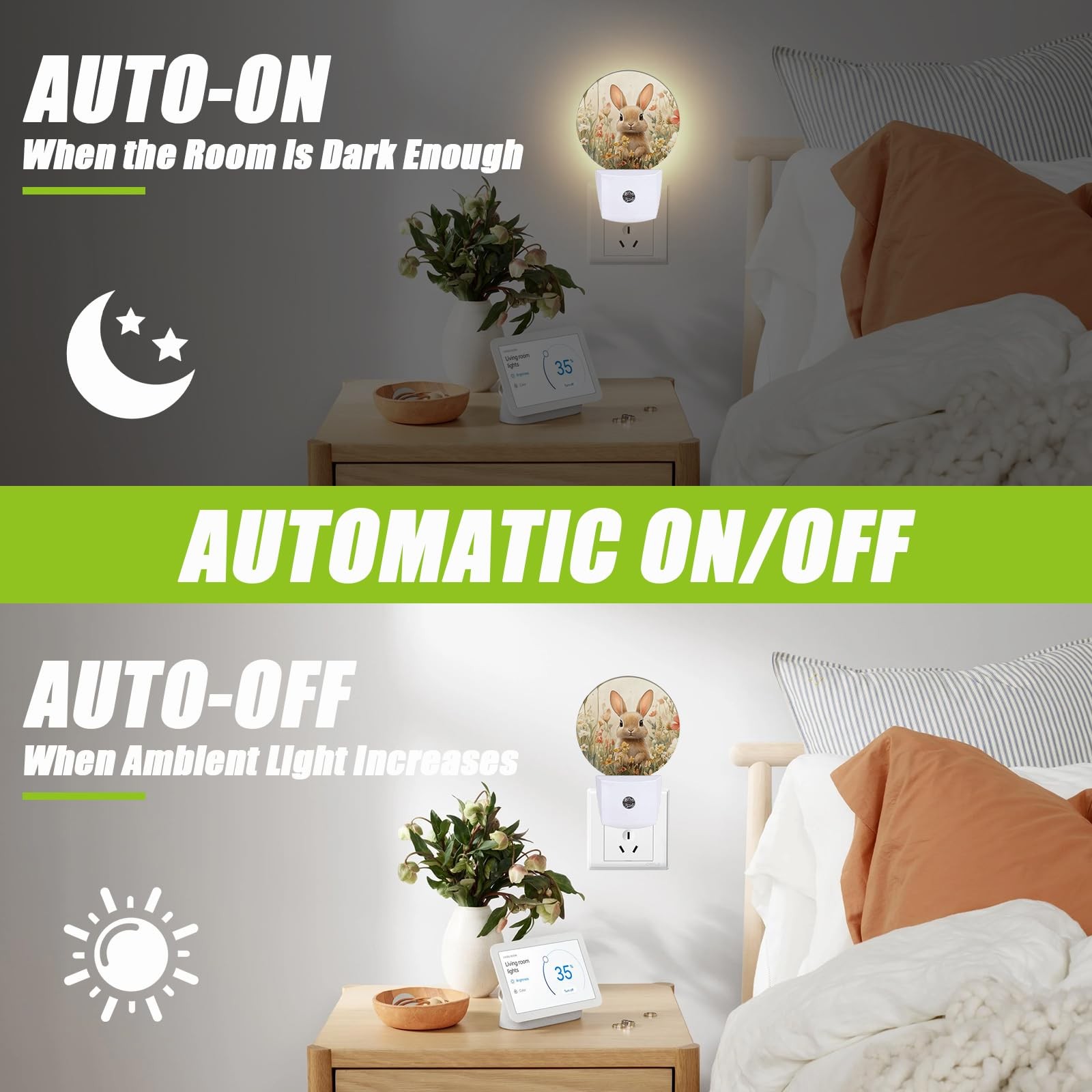1 PCS Cute Rabbit Night Light DuskToDawn Sensor Spring Wildflowers PlugIn