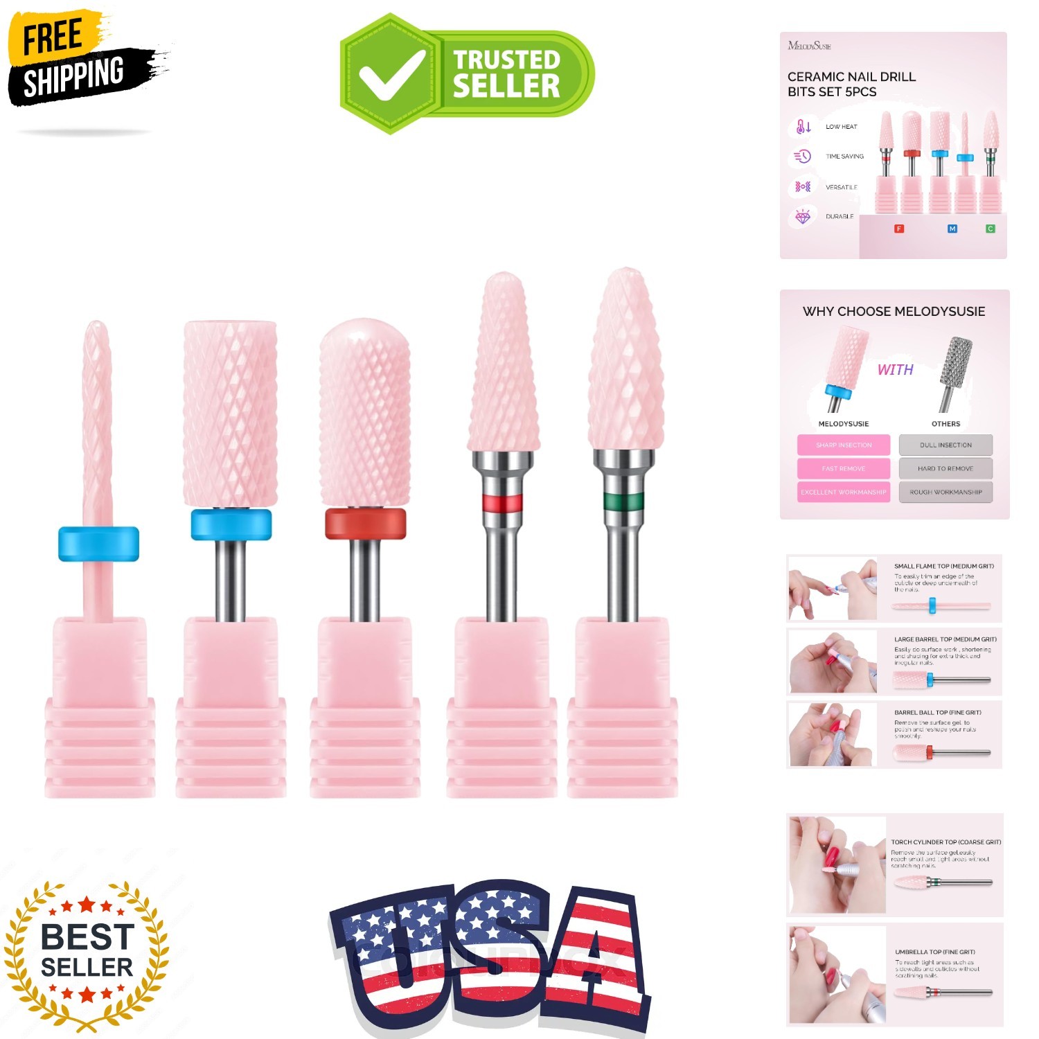 Ceramic Nail Drill Bits Set, 3/32'' 2.35mm Professional Acrylic Nail File Dri...