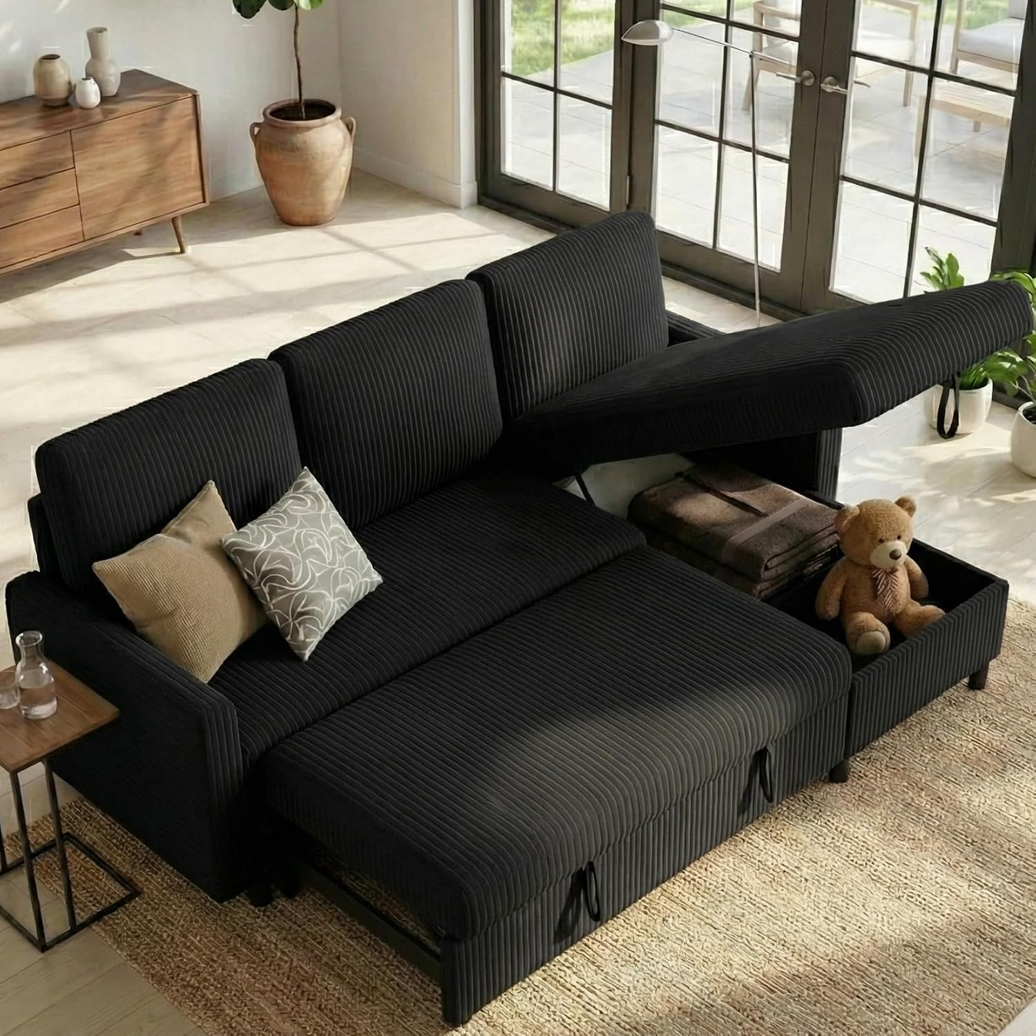 Futon Sofa Bed Convertible Couches L Shaped, 4‑In‑1 Sectional Sleeper Sofa Pull