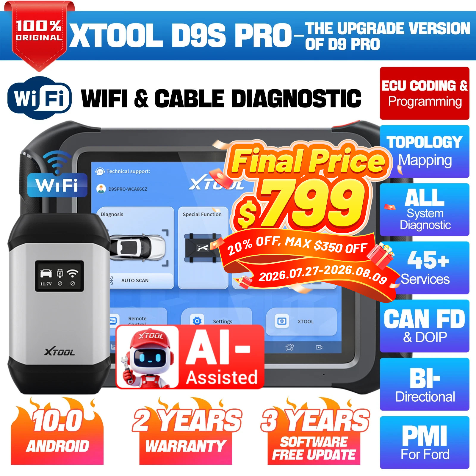 ✅XTOOL D9S PRO Auto Diagnostic Scanner Tool ECU Key Programming 45+ Services