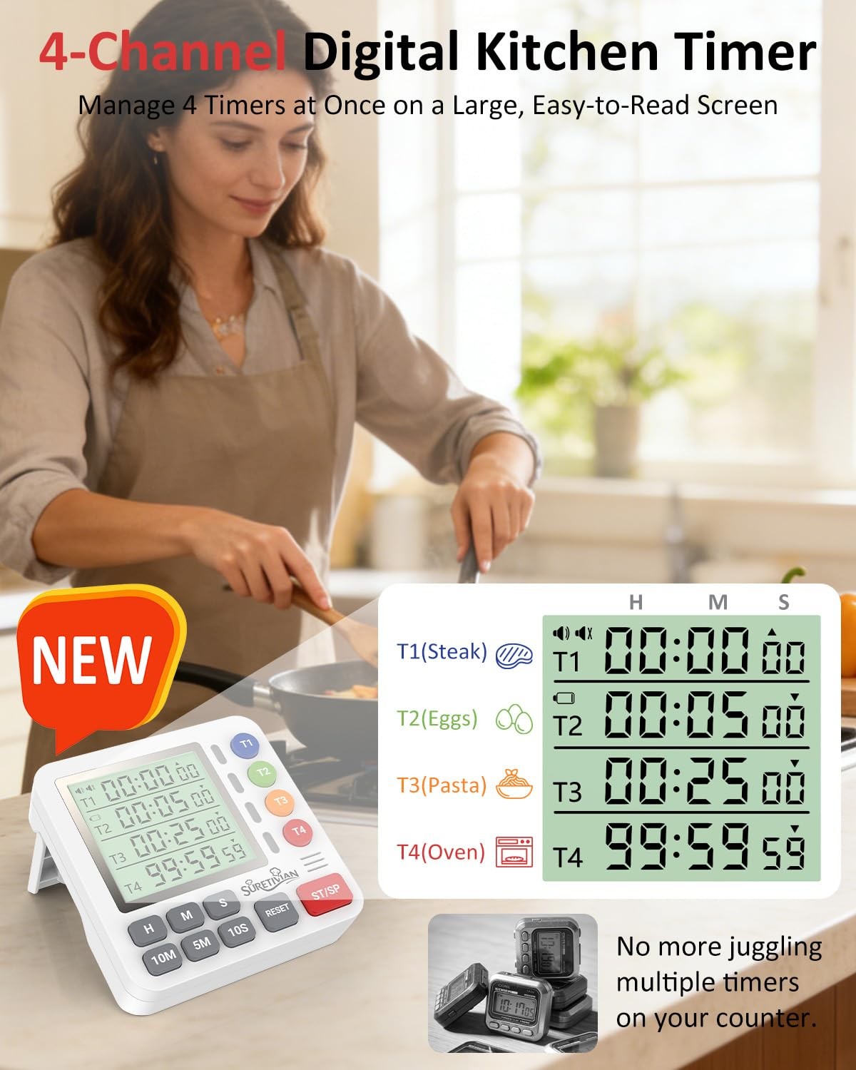 Digital Kitchen Timer for Cooking - 4 Channel Count Up Countdown Timer with L...