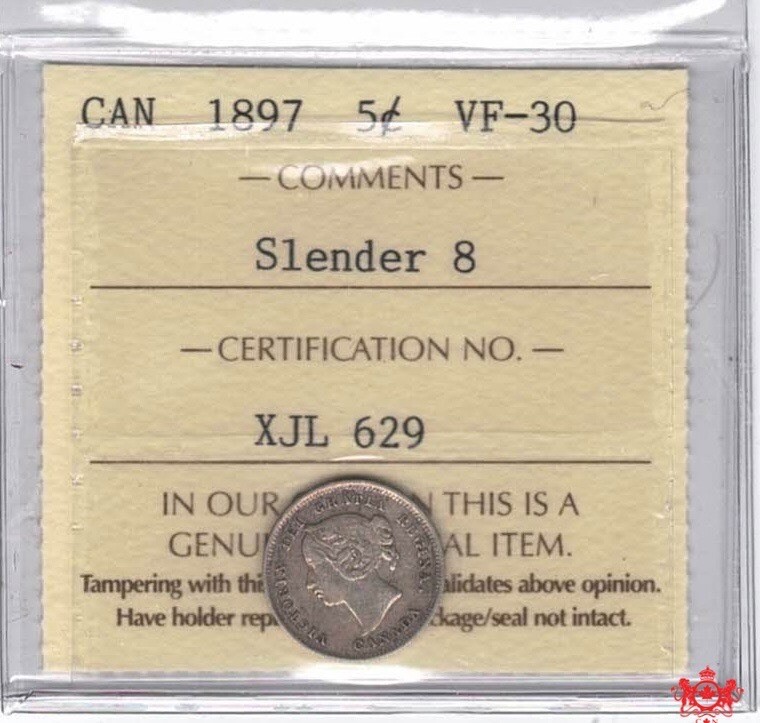 1897 Canada 5 Cents Narrow 8 - ICCS VF30 - XJL 629