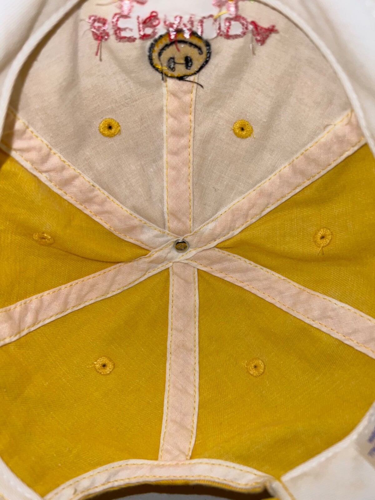 Bermuda Gold Small Hat Cap Hook Loop with Smiley Face, flowers embroidered front