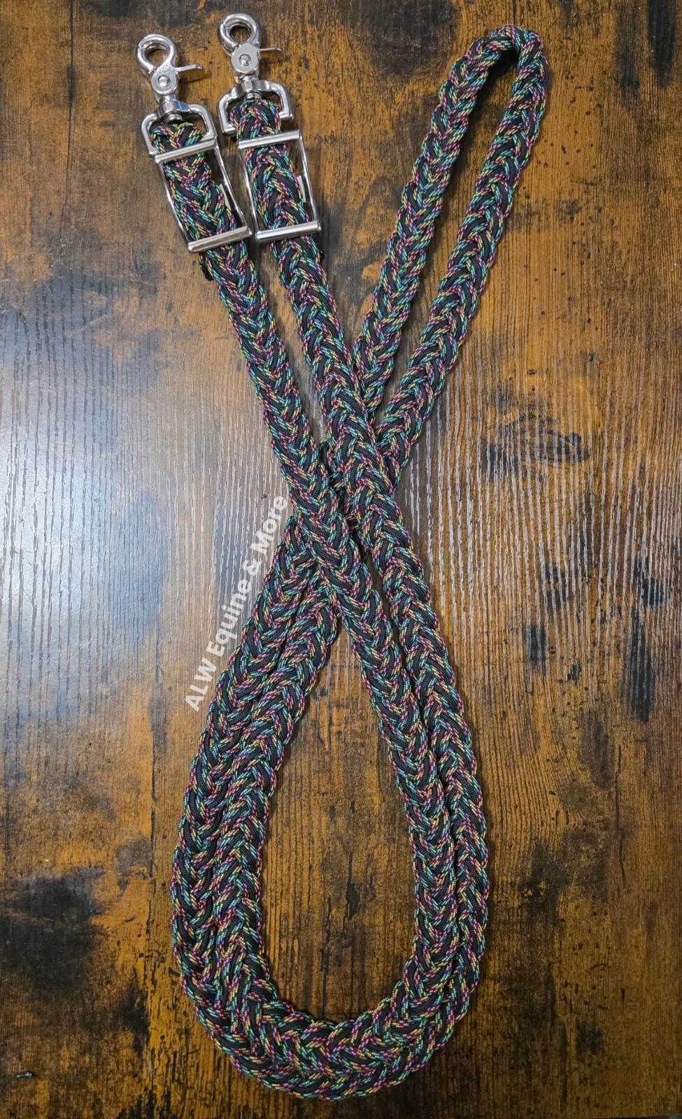 BRAND NEW Neon Rainbow & Black 8ft Adjustable Paracord Reins By ALW Equine