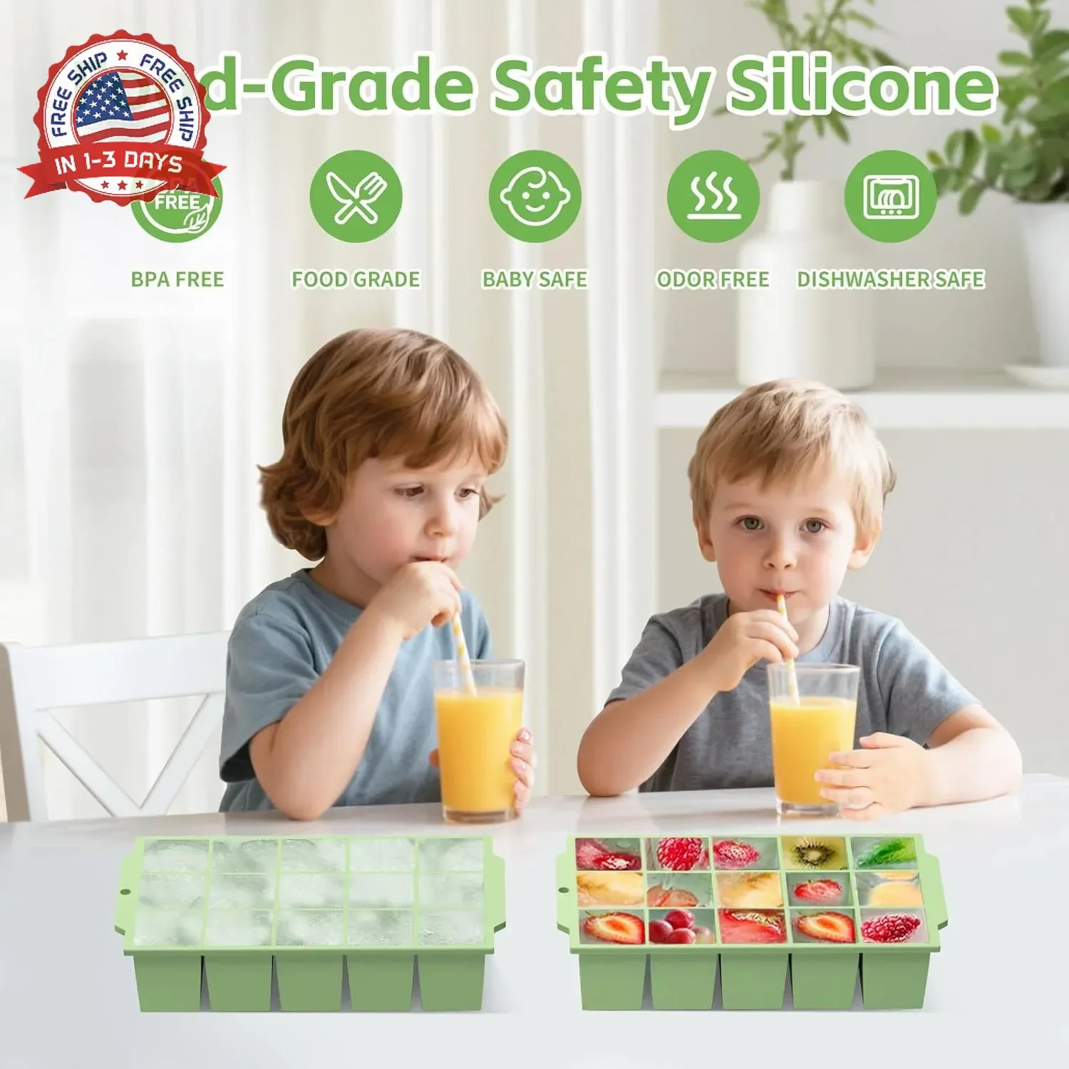 Silicone Ice Cube Tray with Locks Lids 4 Pack, Easy Release Flexible 15 Square I