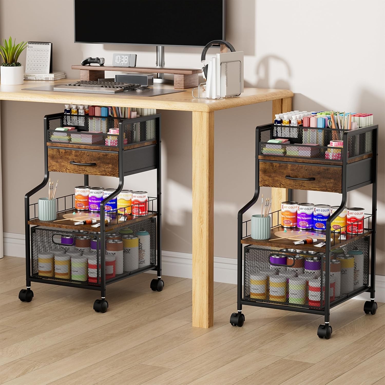 Espresso Utility Cart - 3-Tier Rolling Storage with Lockable Wheels & Dividers