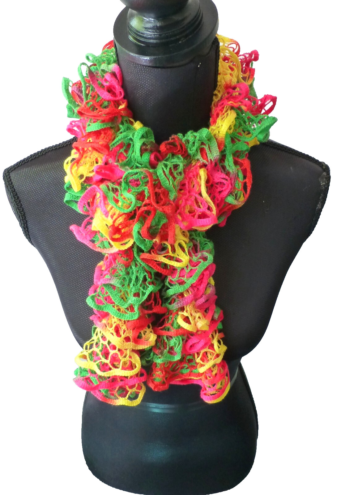 Handknit Lace Scarf Long Colorful Shades of Fuchsia Green Yellow New