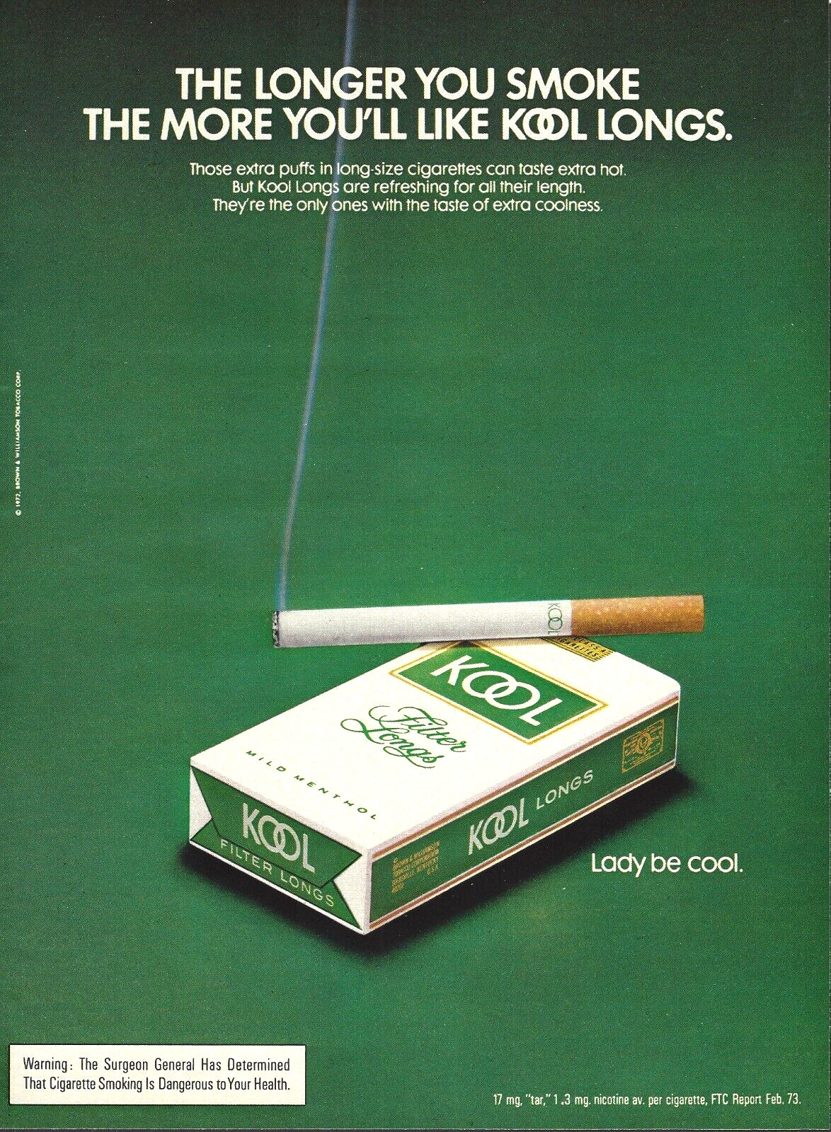 1973 Kool Longs Cigarettes Lady Be Cool vintage Print Ad 70's Advertisement