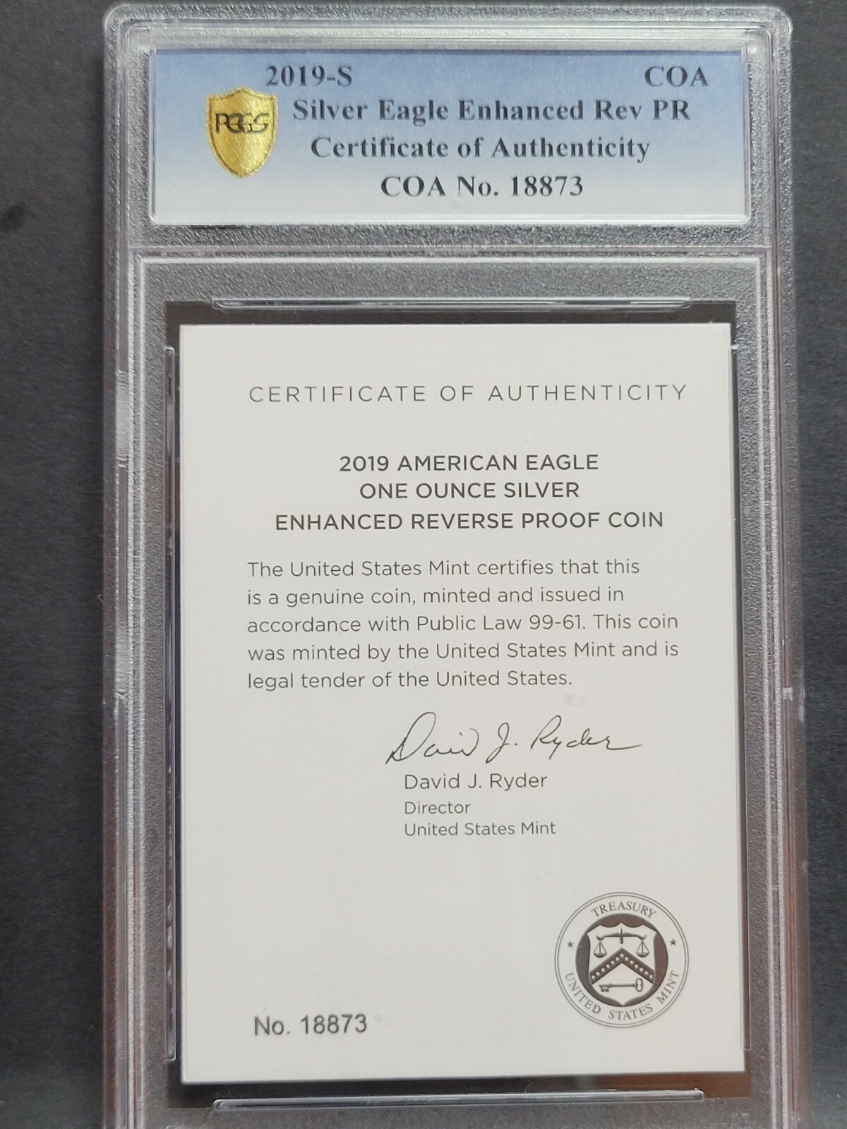2019 S Silver Eagle ENHANCED REVERSE PCGS PR69 PF69 FIRST STRIKE , FS COA#18873