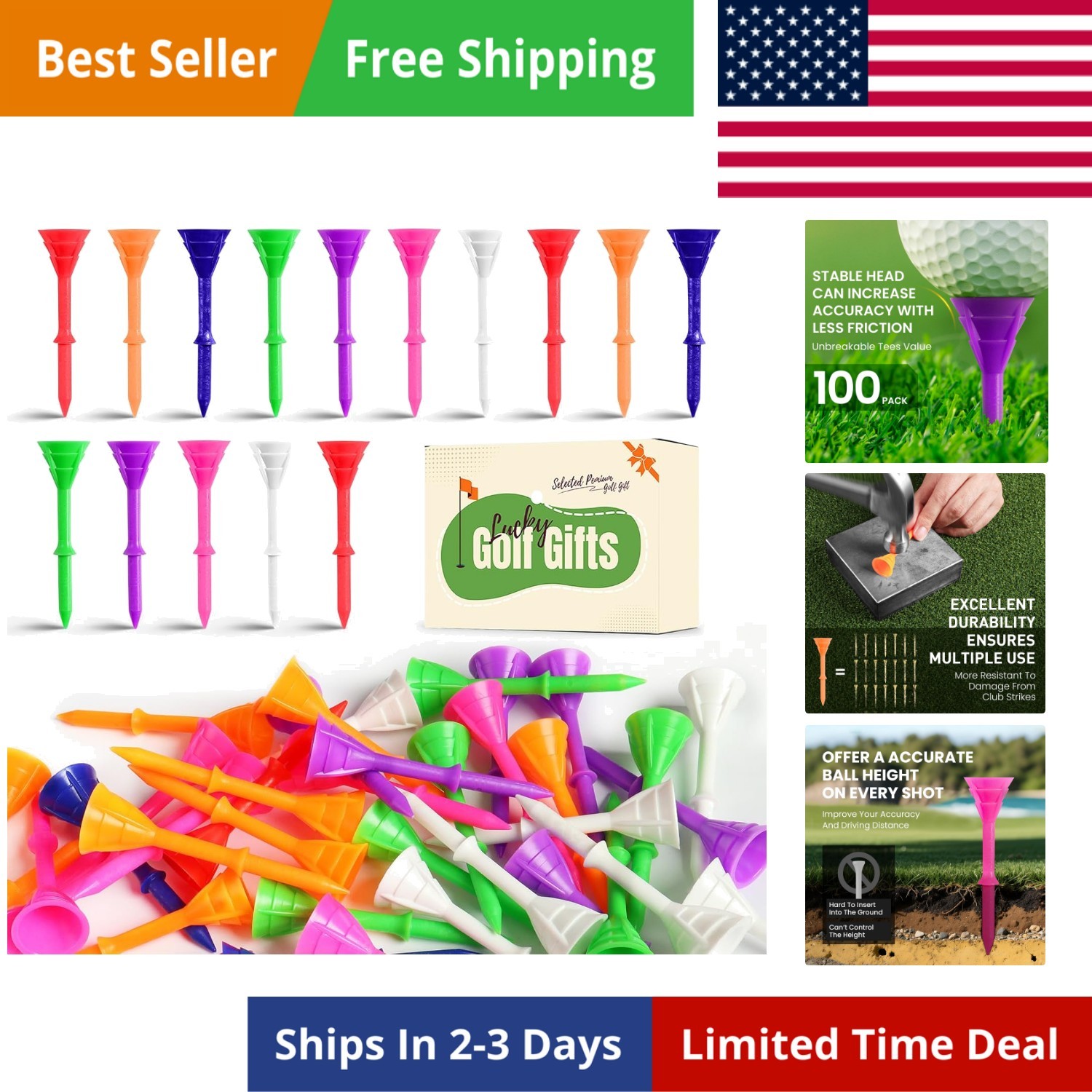 Unbreakable Golf Tees Plastic 3 1/4 inch Value 50/100 Pack, Low Friction & Lo...