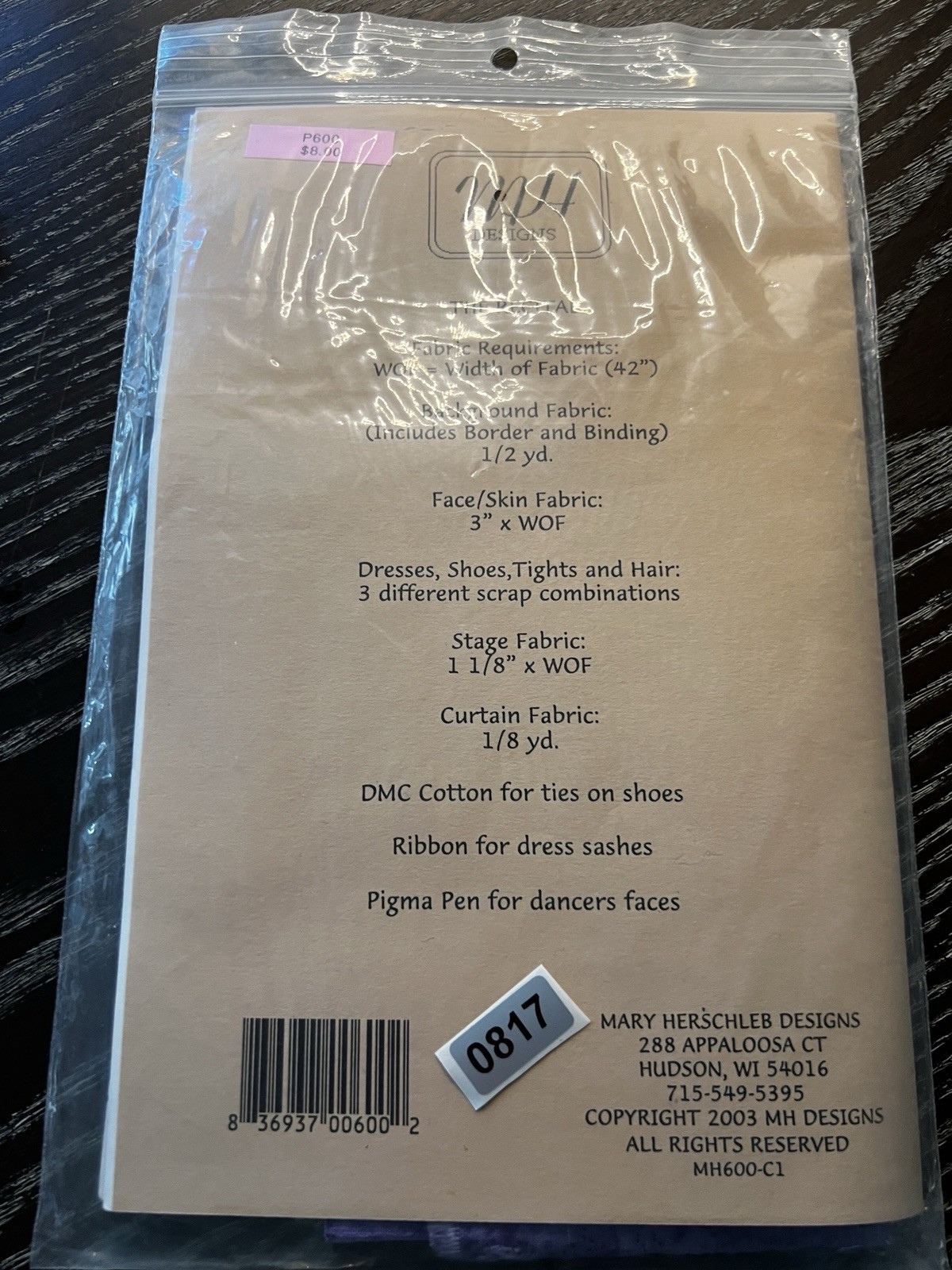 MH Designs Quilt Pattern THE RECITAL 15" x 20.5" Ballet New