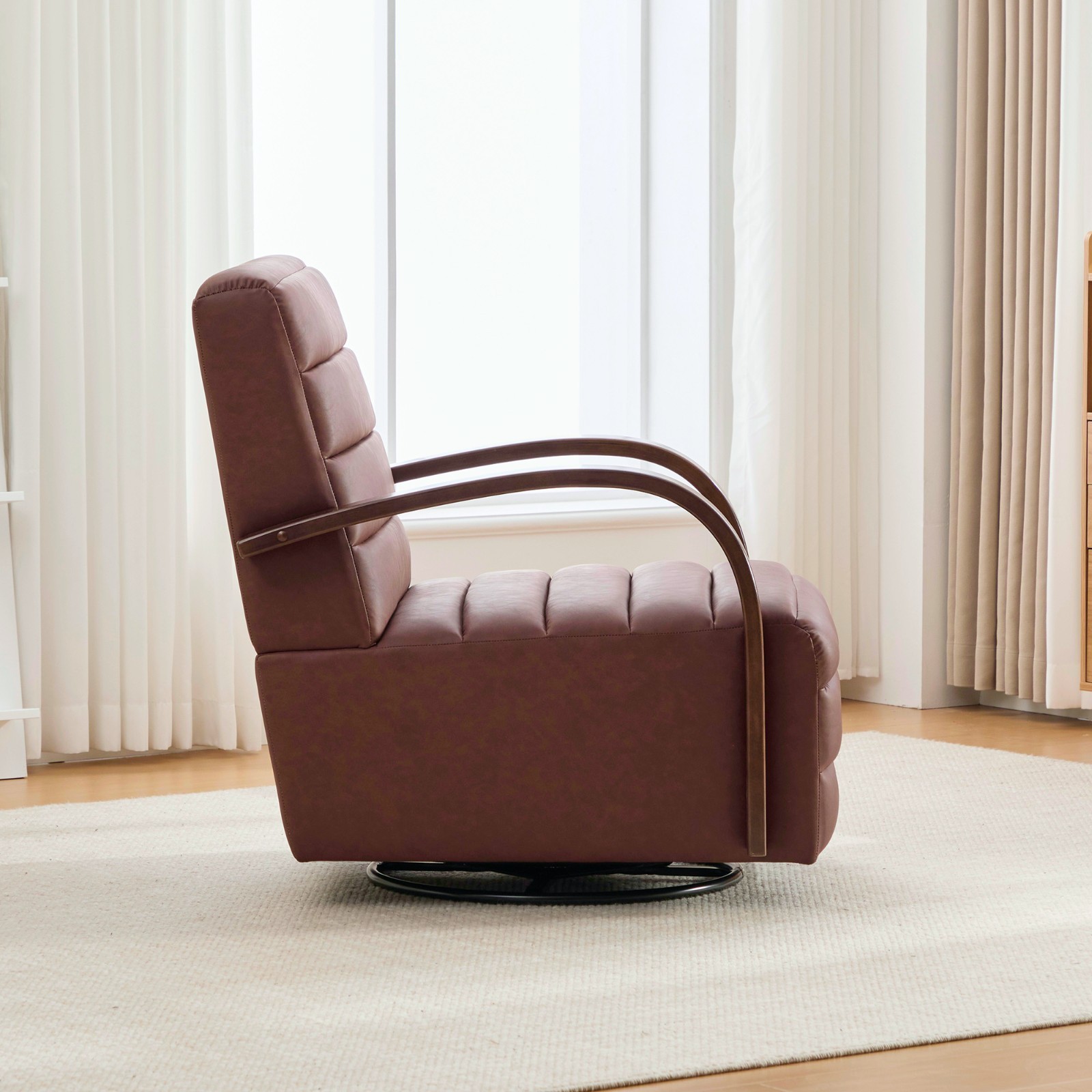 360° Swivel Accent Chair, Tufted with Wood Armrests, Brown