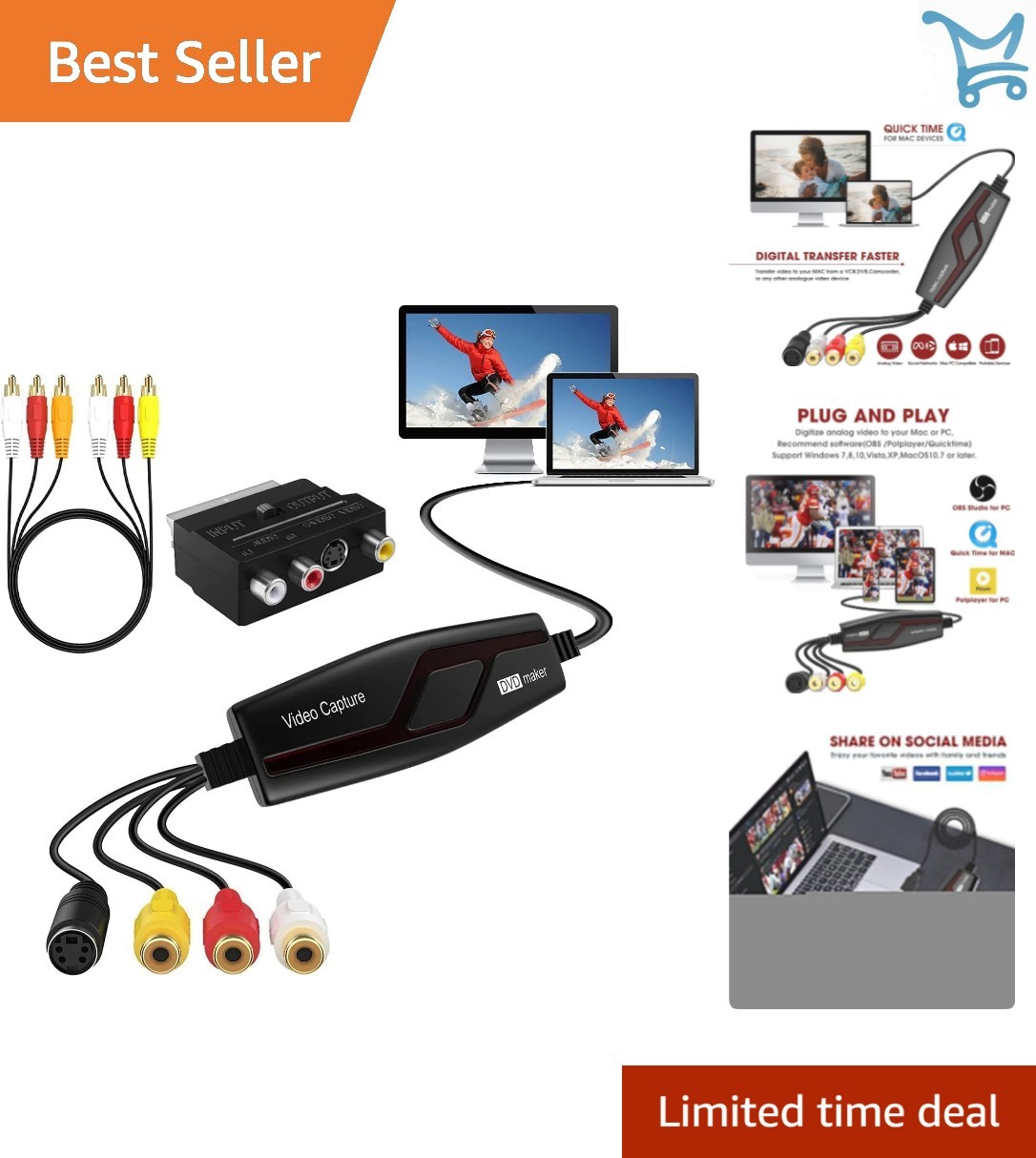 VHS to Digital Converter RCA USB Capture Card for PC Mac Video Tape Digitizer