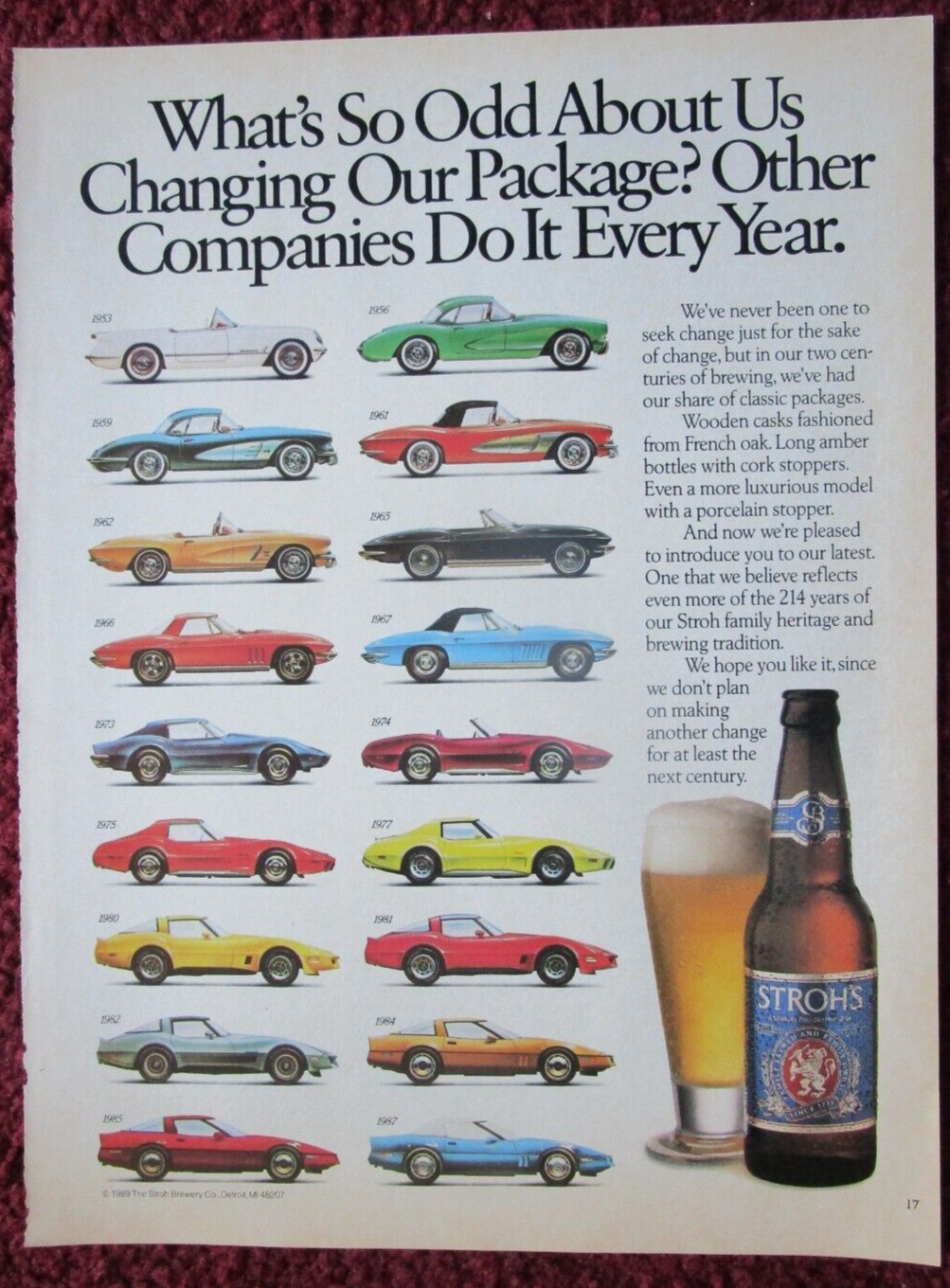 1989 STROH'S BEER Print Ad ~ Corvette Sports Car 1953 to 1987 Timeline History