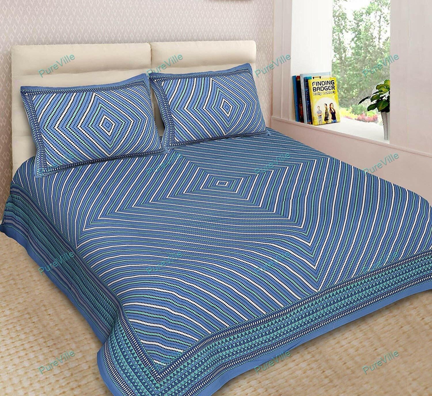 Jaipuri Printed Home Decor Cotton Double Bed Sheet With 2 Pillow Cover 90x100