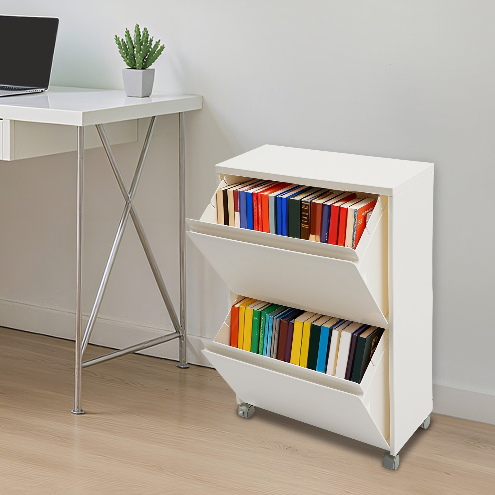 PP Cabinet 2-Tier Rolling Storage Cabinet Mobile Organizer White