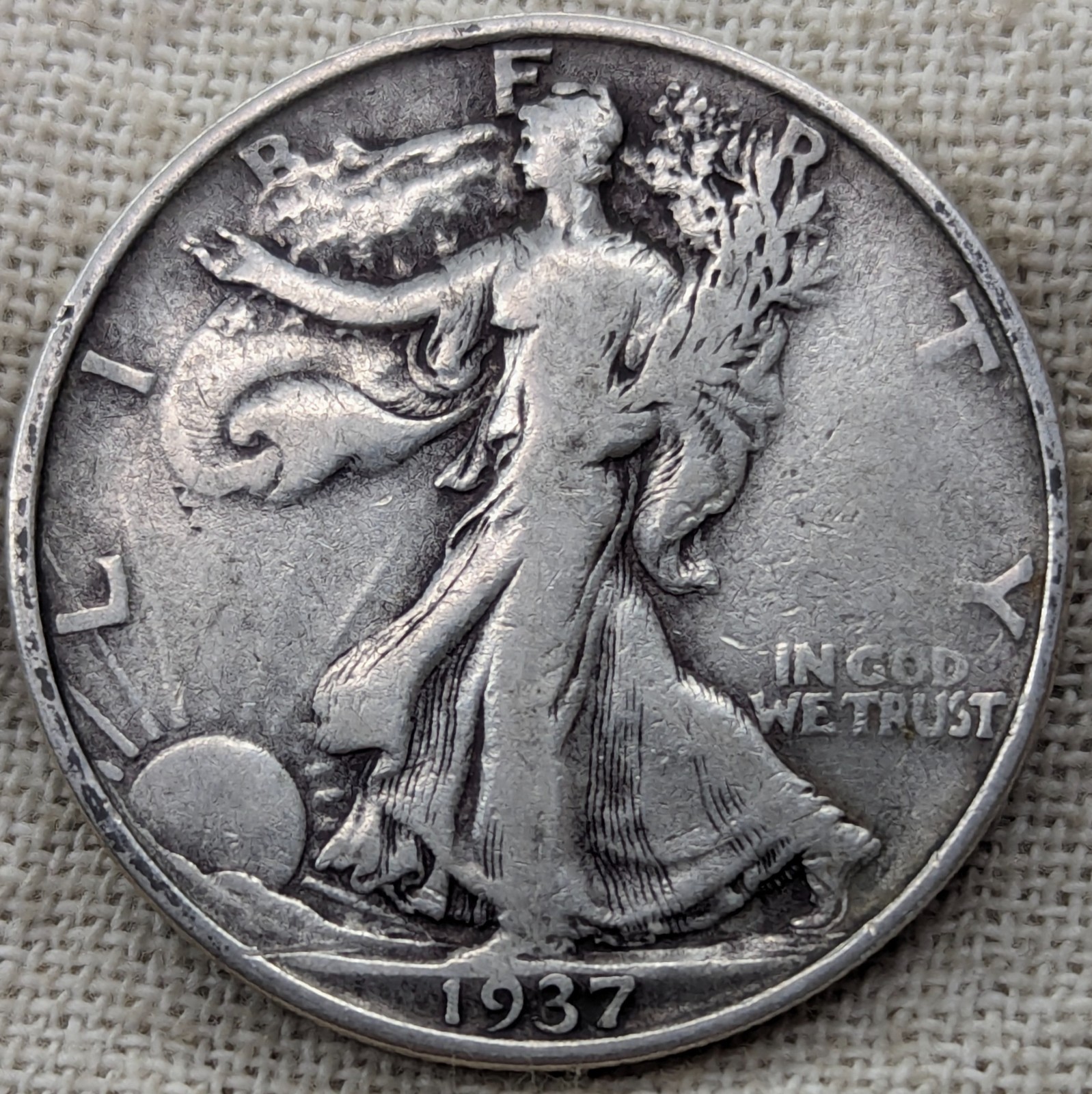 1937 D Walking Liberty Half Dollar Fine : Low Mintage 1.7M, Denver Mint -.9 Fine
