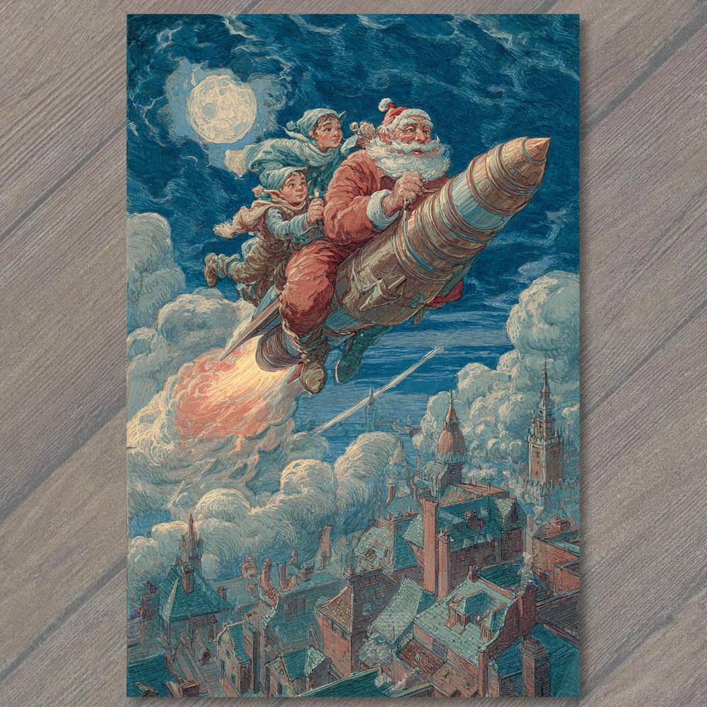 POSTCARD Santa Claus Riding Rocket Over City Night Sky Retro Holiday Fantasy